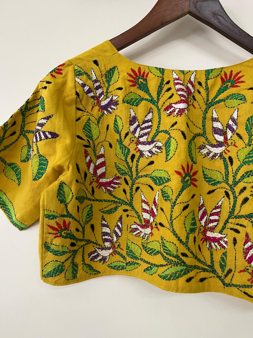 Cotton Stitched Blouse with Hand Kantha Embroidery - Yellow