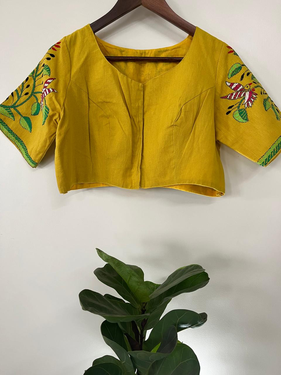 Cotton Stitched Blouse with Hand Kantha Embroidery - Yellow