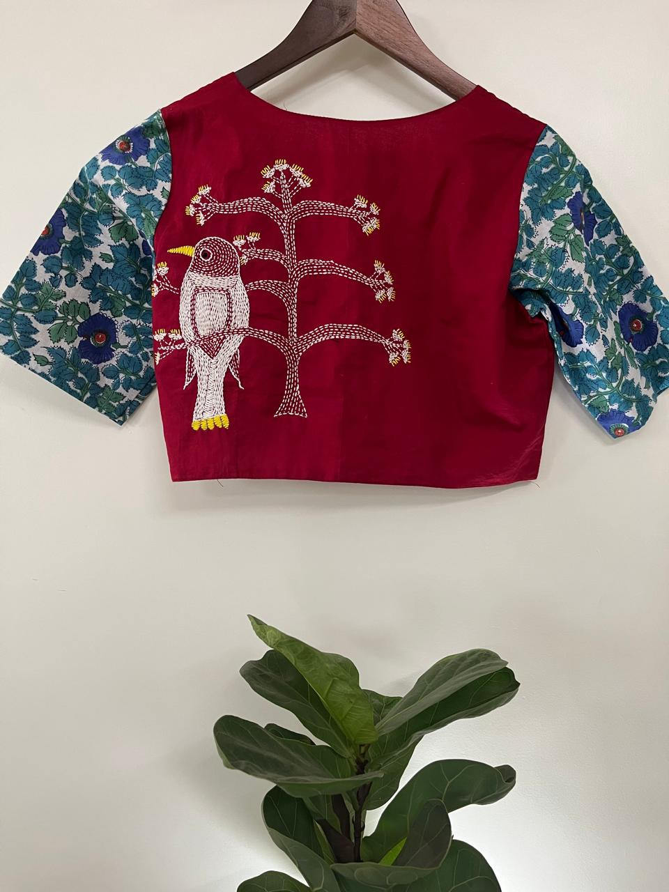 Cotton Stitched Blouse with Hand Kantha Embroidery - Red