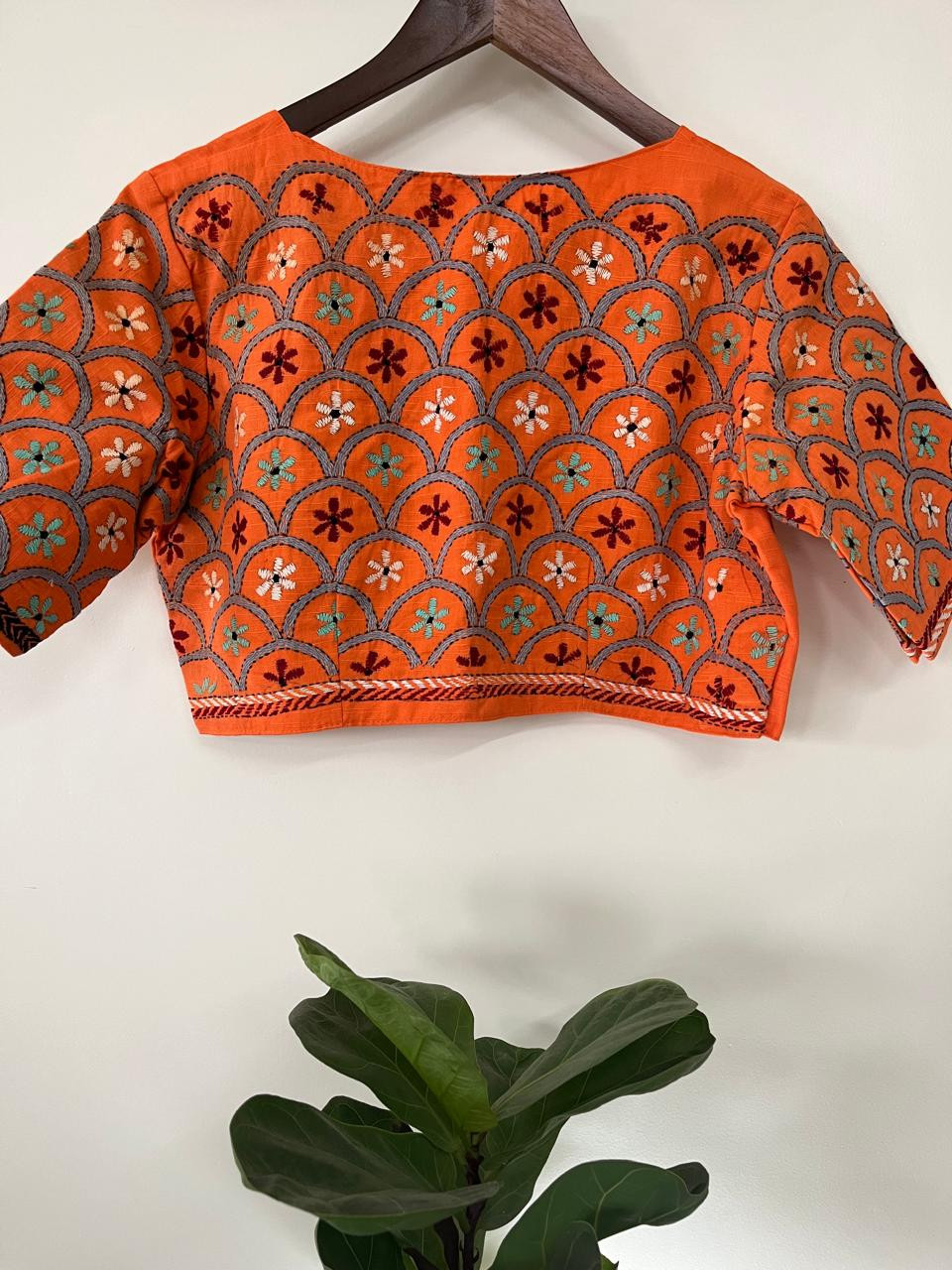 Cotton Stitched Blouse with Hand Kantha Embroidery - Orange