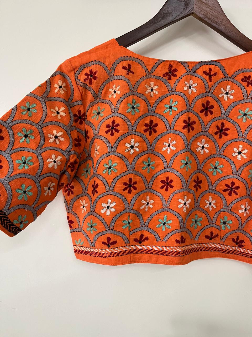 Cotton Stitched Blouse with Hand Kantha Embroidery - Orange