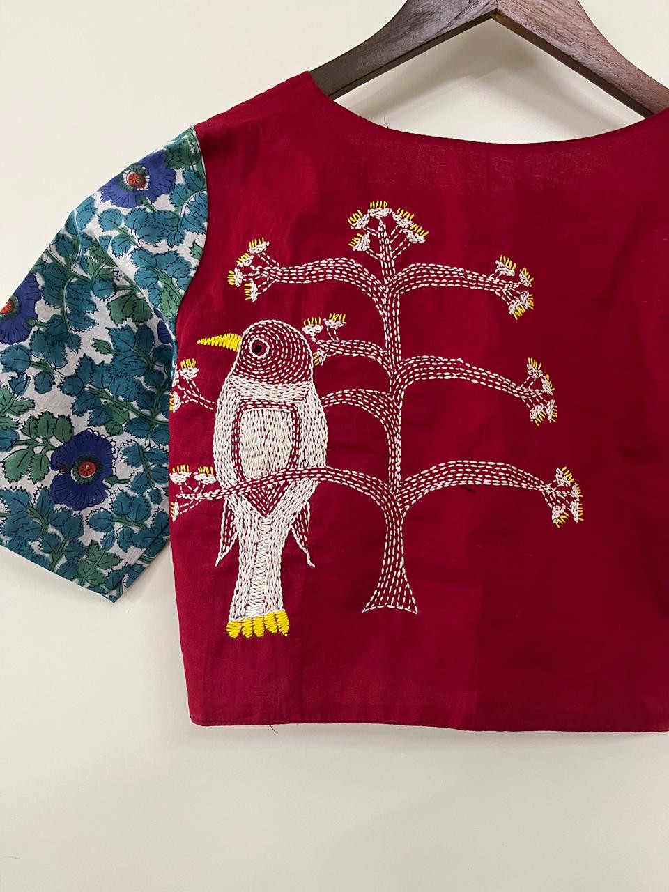 Cotton Stitched Blouse with Hand Kantha Embroidery - Red