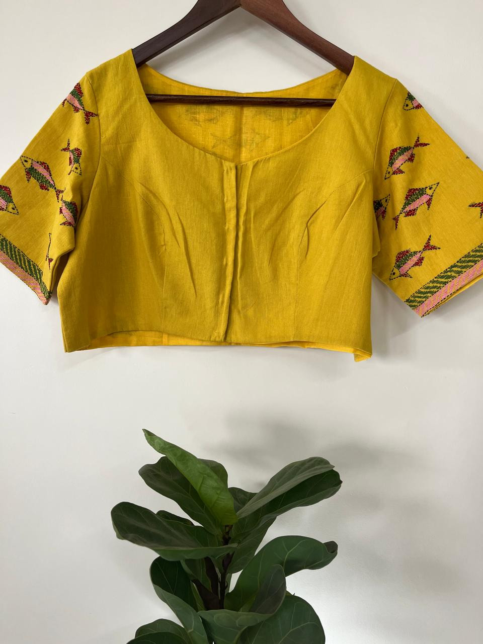 Cotton Stitched Blouse with Hand Kantha Embroidery - Yellow