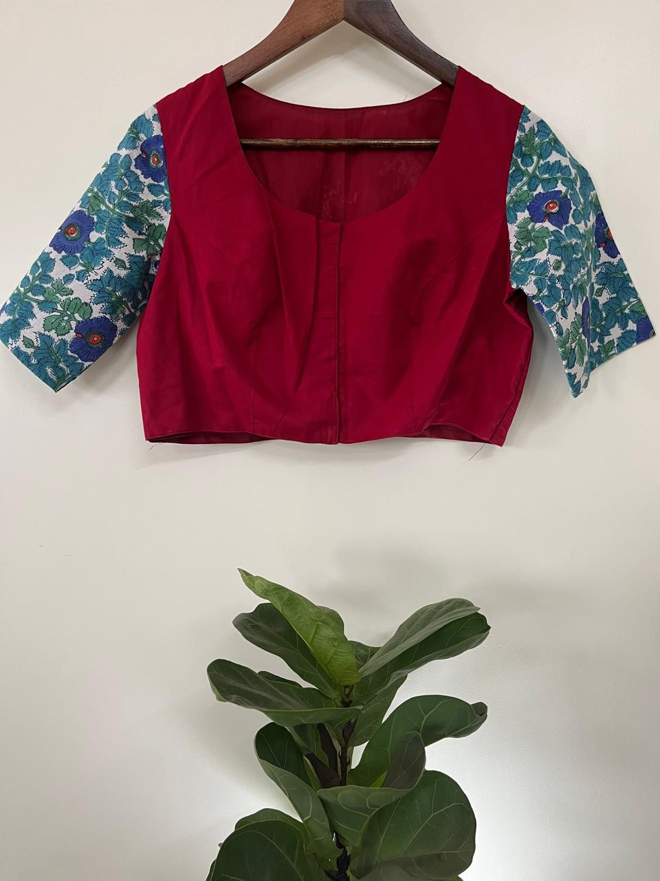 Cotton Stitched Blouse with Hand Kantha Embroidery - Red