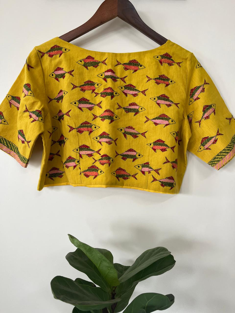 Cotton Stitched Blouse with Hand Kantha Embroidery - Yellow