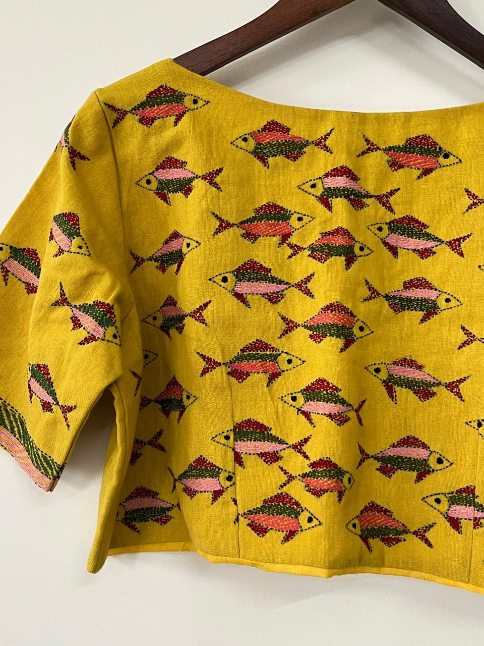 Cotton Stitched Blouse with Hand Kantha Embroidery - Yellow