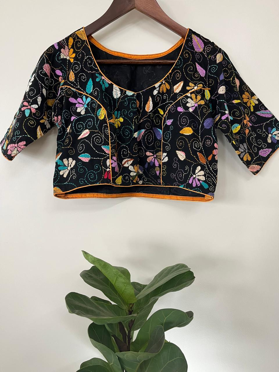 Cotton Stitched Blouse with Hand Kantha Embroidery - Black