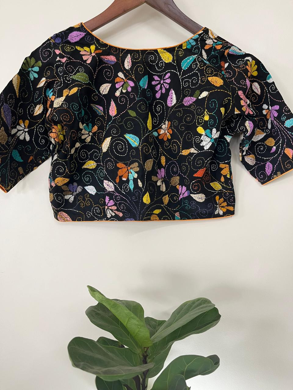 Cotton Stitched Blouse with Hand Kantha Embroidery - Black