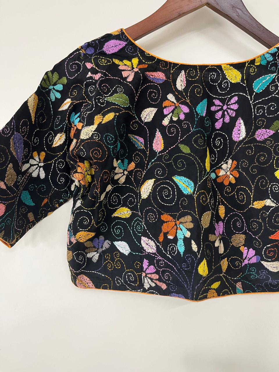 Cotton Stitched Blouse with Hand Kantha Embroidery - Black