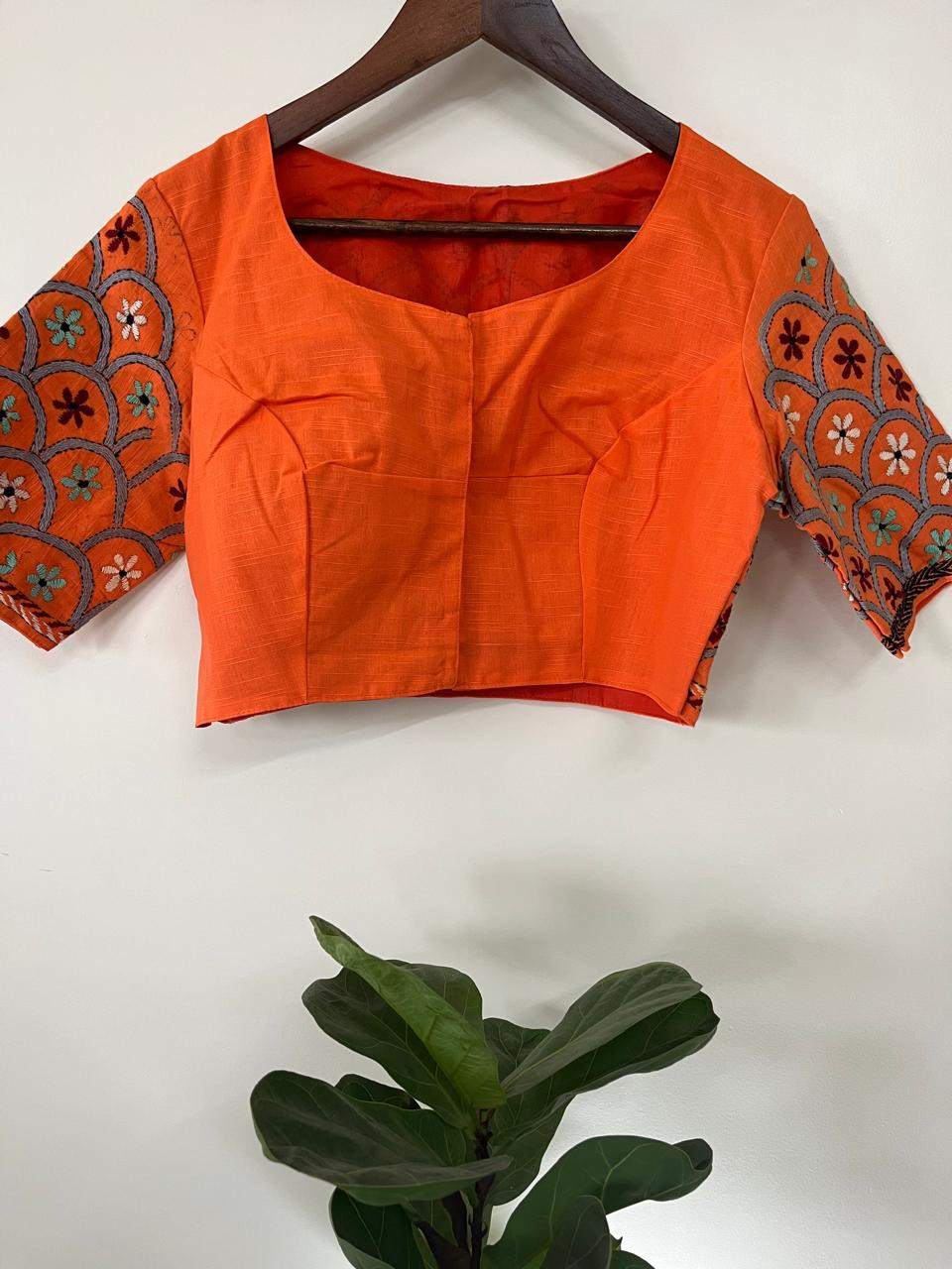 Cotton Stitched Blouse with Hand Kantha Embroidery - Orange