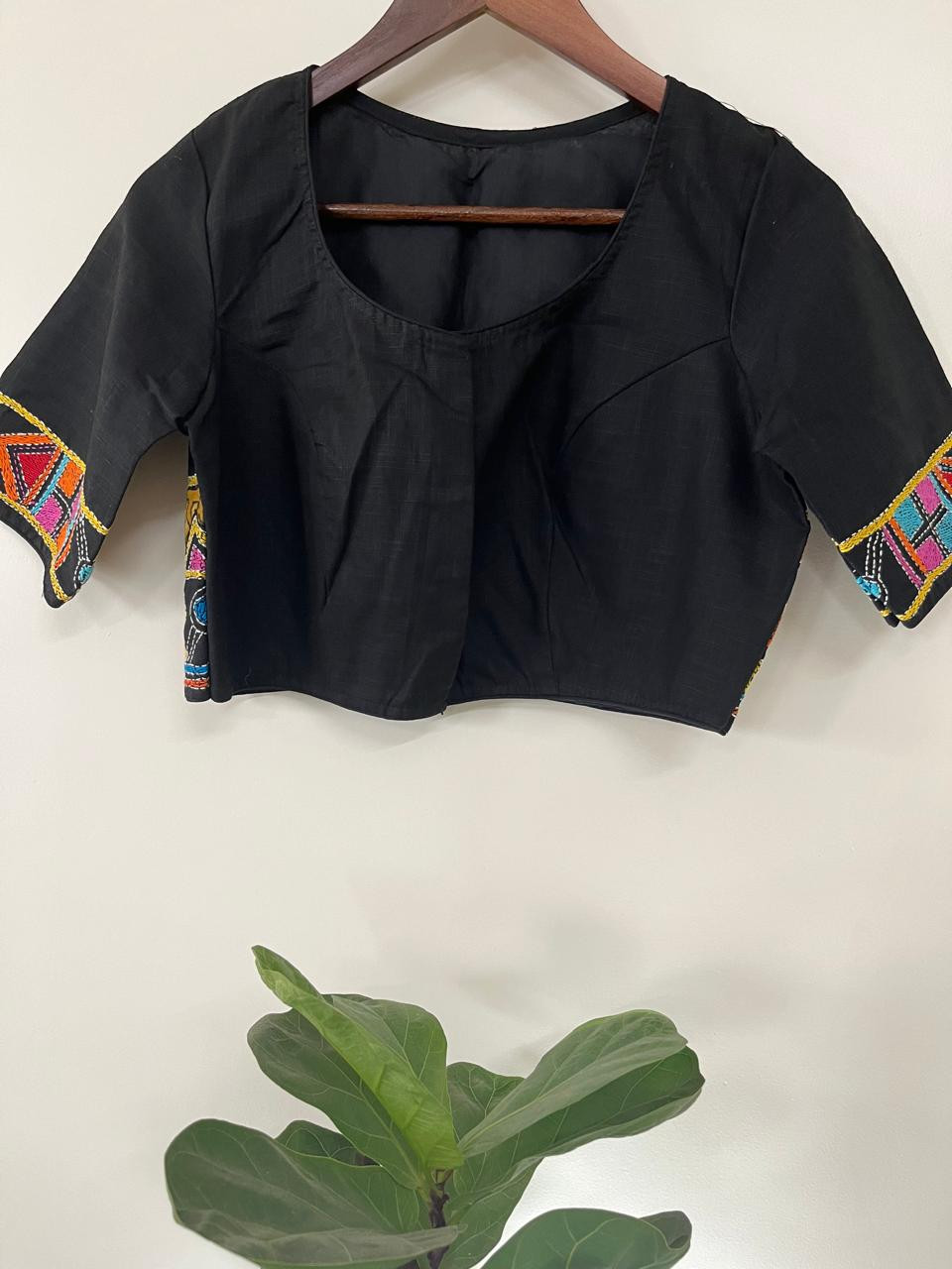 Cotton Stitched Blouse with Hand Kantha Embroidery - Black