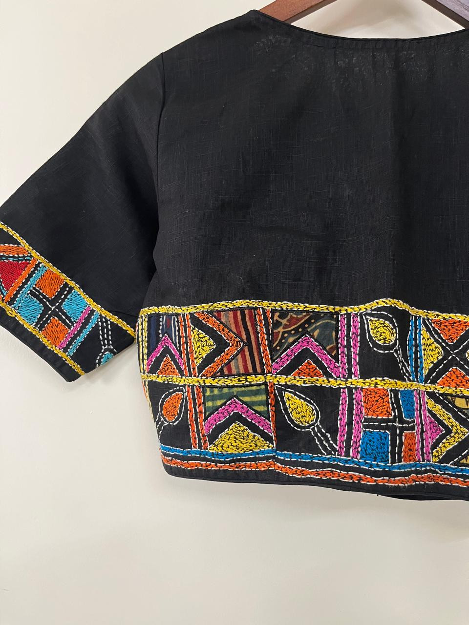 Cotton Stitched Blouse with Hand Kantha Embroidery - Black