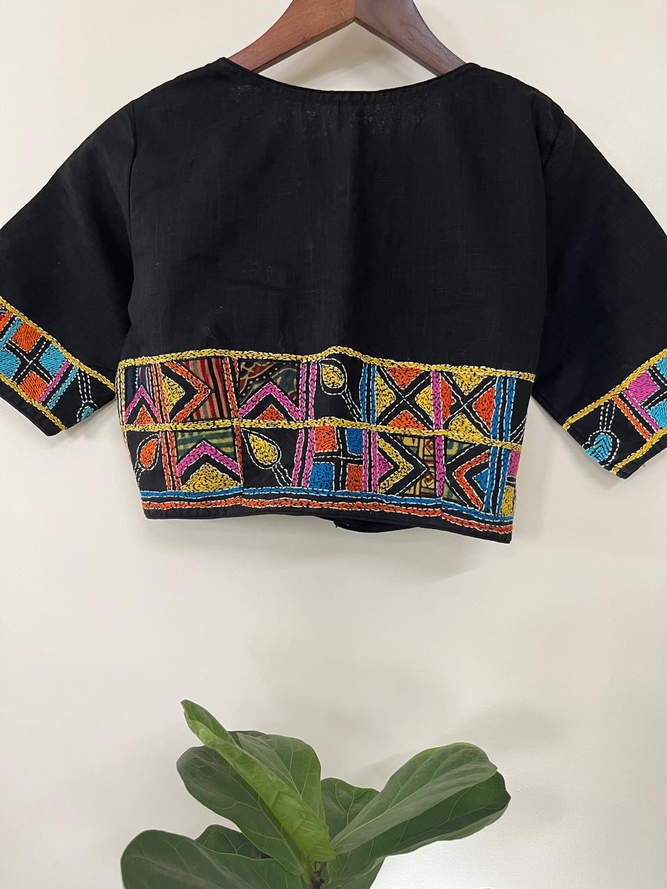 Cotton Stitched Blouse with Hand Kantha Embroidery - Black