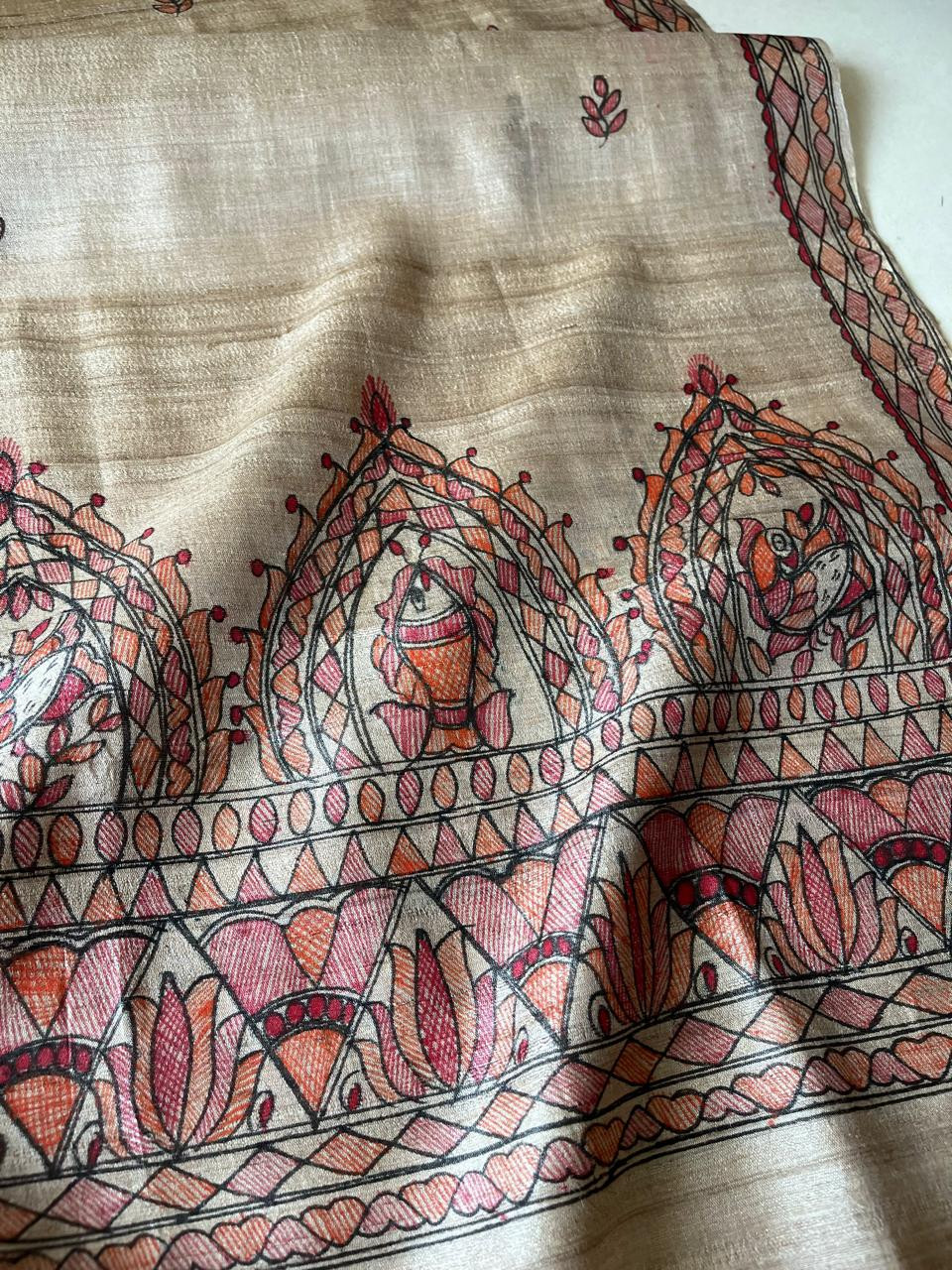Very exquisite Pure Tussar Silk Madhubani Handpainted Stole