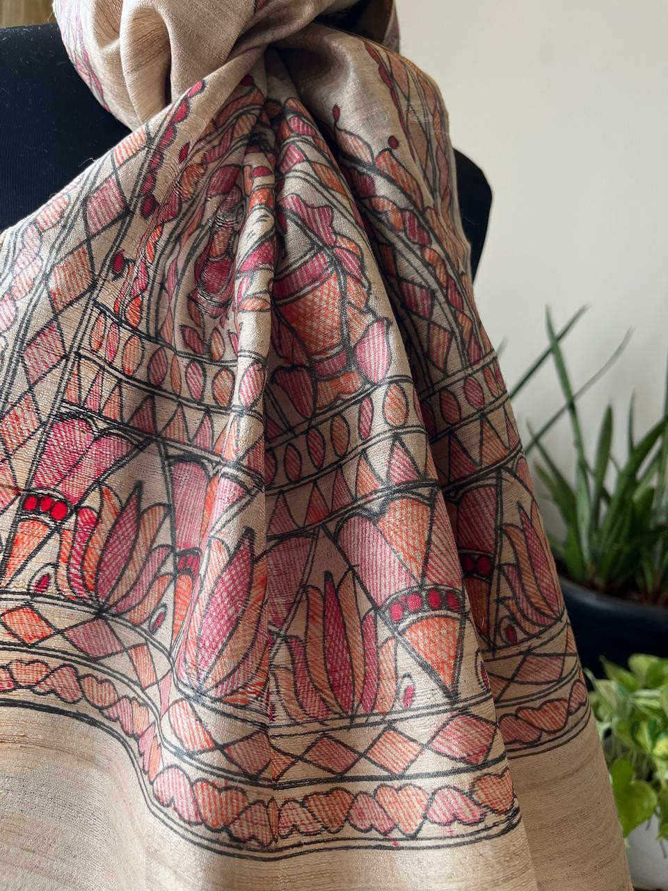 Very exquisite Pure Tussar Silk Madhubani Handpainted Stole