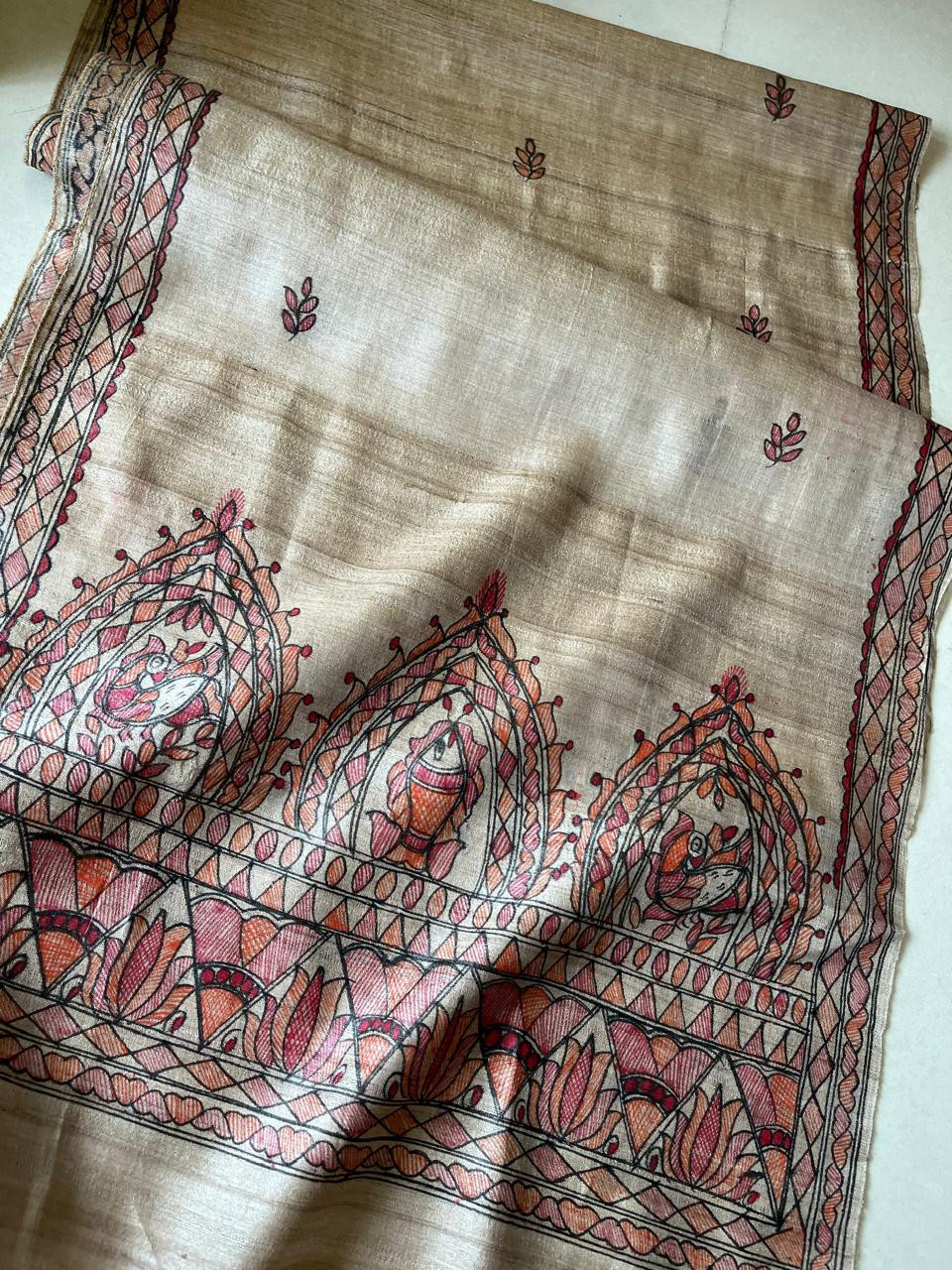 Very exquisite Pure Tussar Silk Madhubani Handpainted Stole