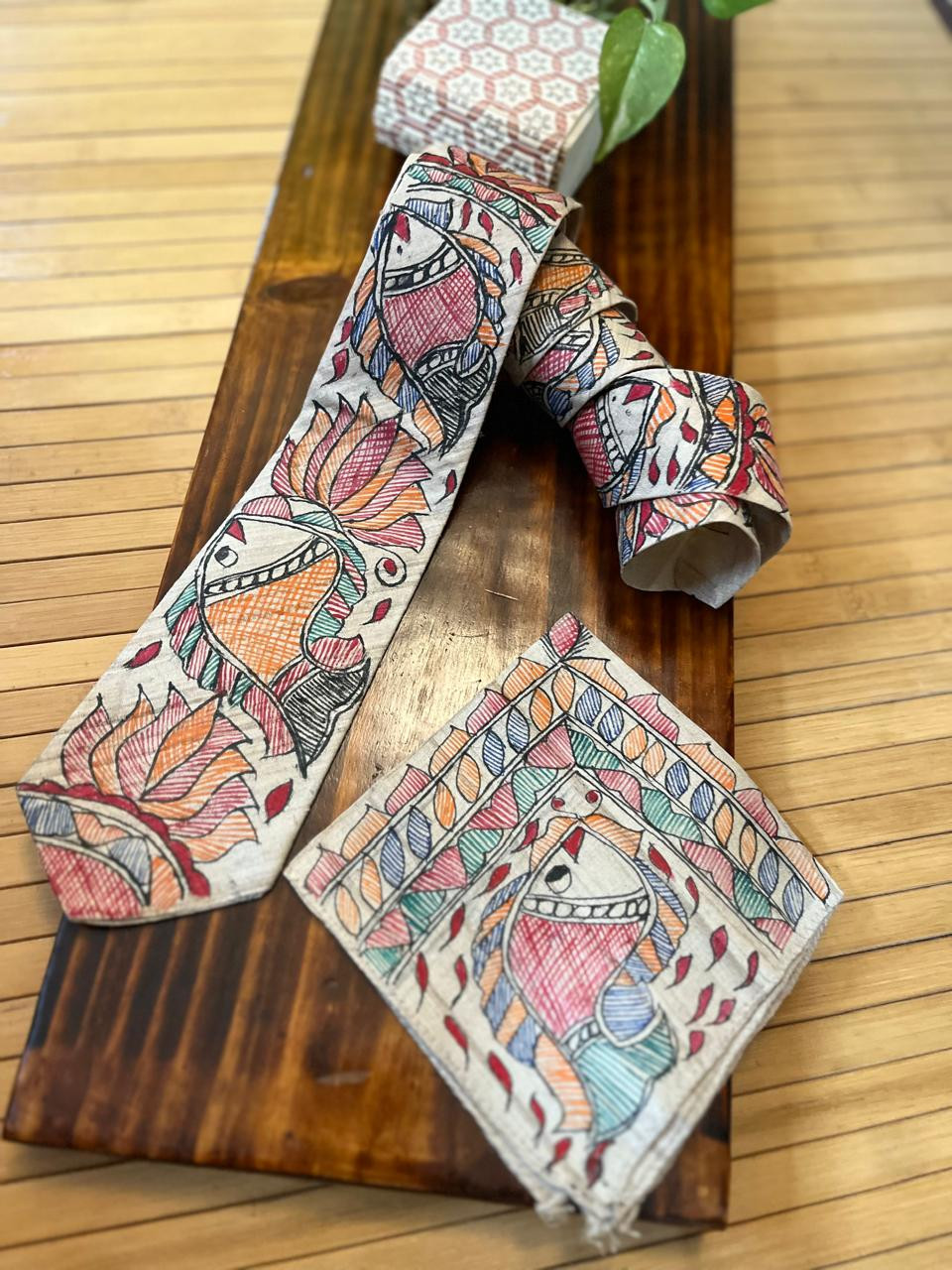 Pure Silk Handpainted Madhubani Tie Handkerchief set