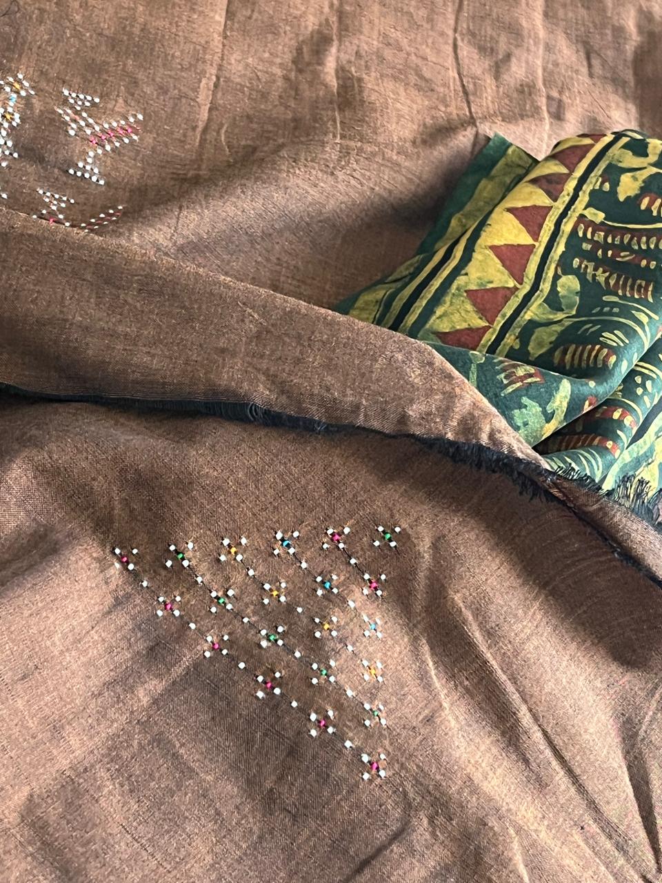 Pure Cotton Tangalia Handwoven Kurta paired with Chanderi Handblock Ajrakh Dupatta - Brown with Green