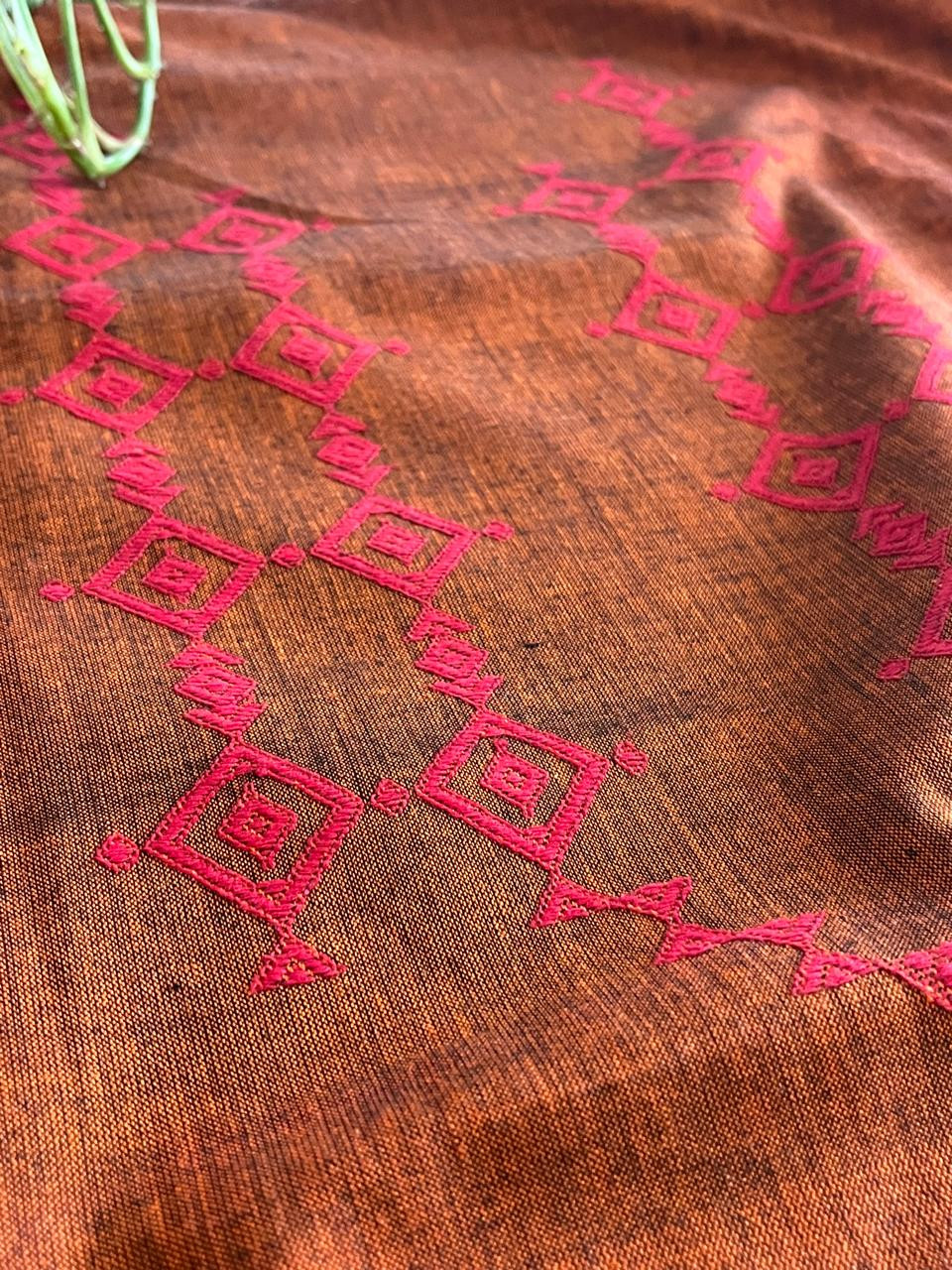 Pure cotton Handwoven Kurta with extra weft weaving - Rust Brown