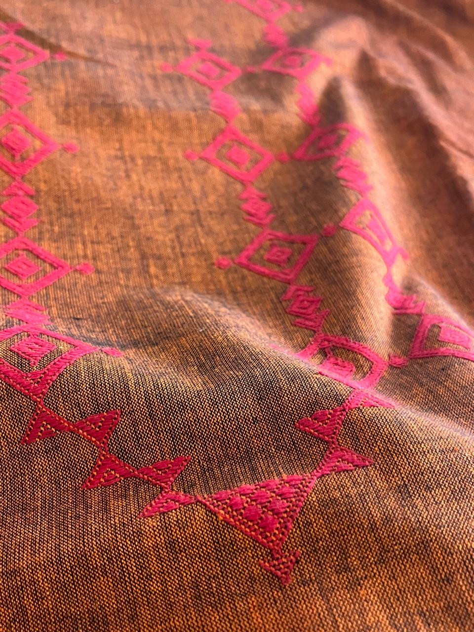 Pure cotton Handwoven Kurta with extra weft weaving - Rust Brown