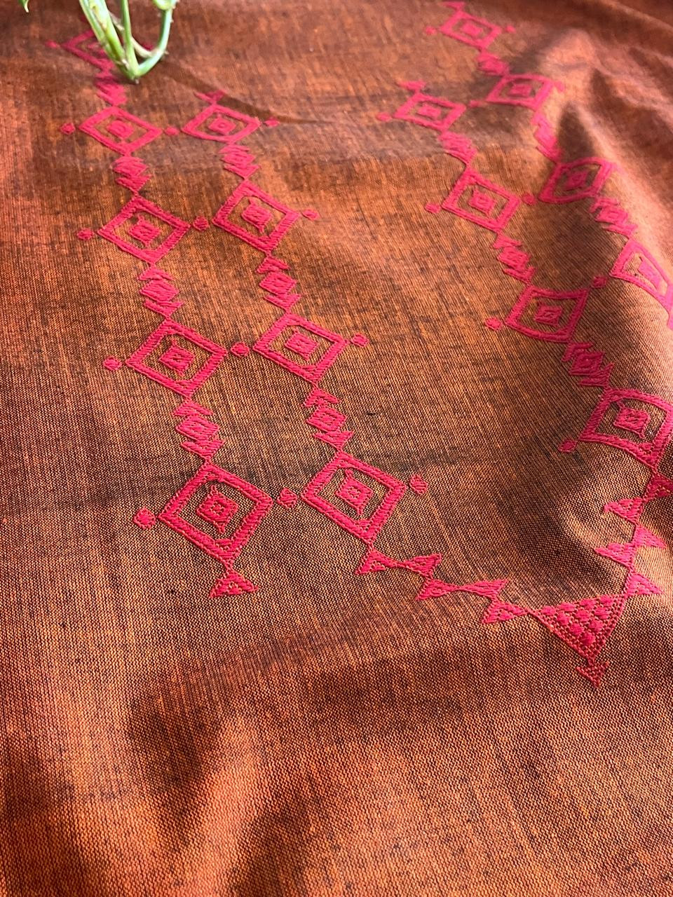 Pure cotton Handwoven Kurta with extra weft weaving - Rust Brown