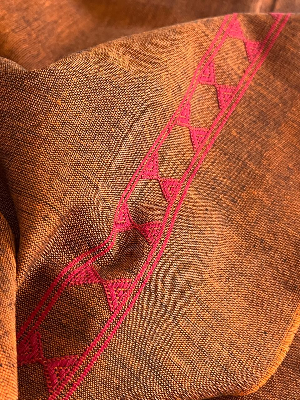 Pure cotton Handwoven Kurta with extra weft weaving - Rust Brown