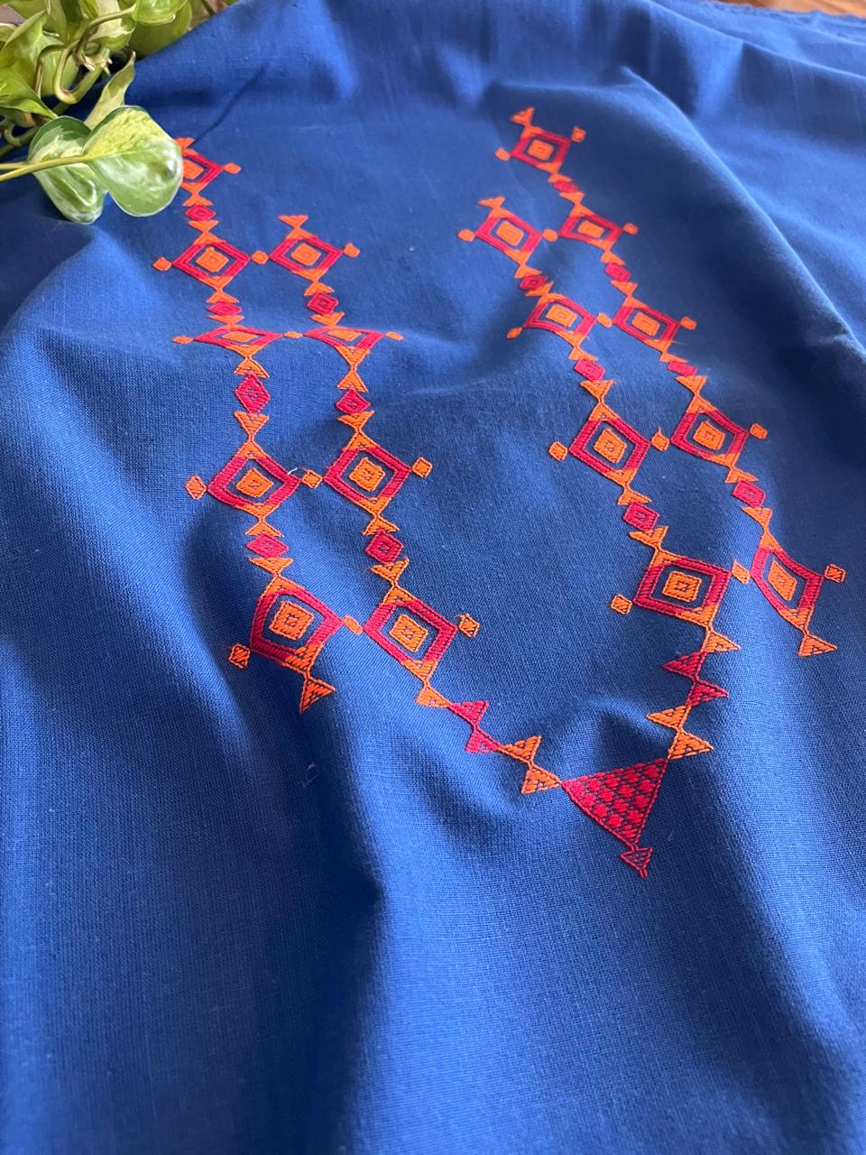 Pure cotton Handwoven Kurta with extra weft weaving - Blue