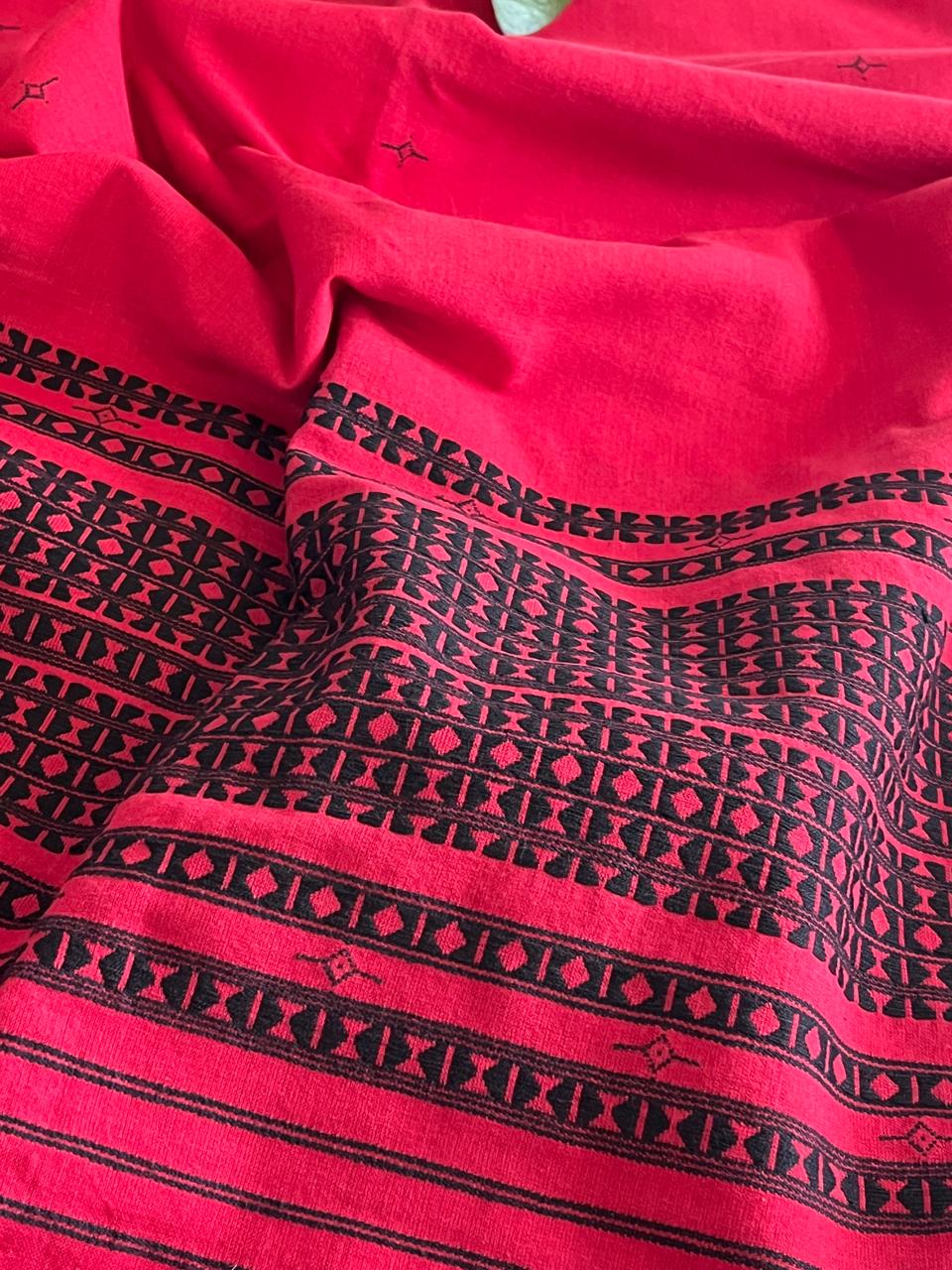 Pure cotton Handwoven Kurta with extra weft weaving - Red