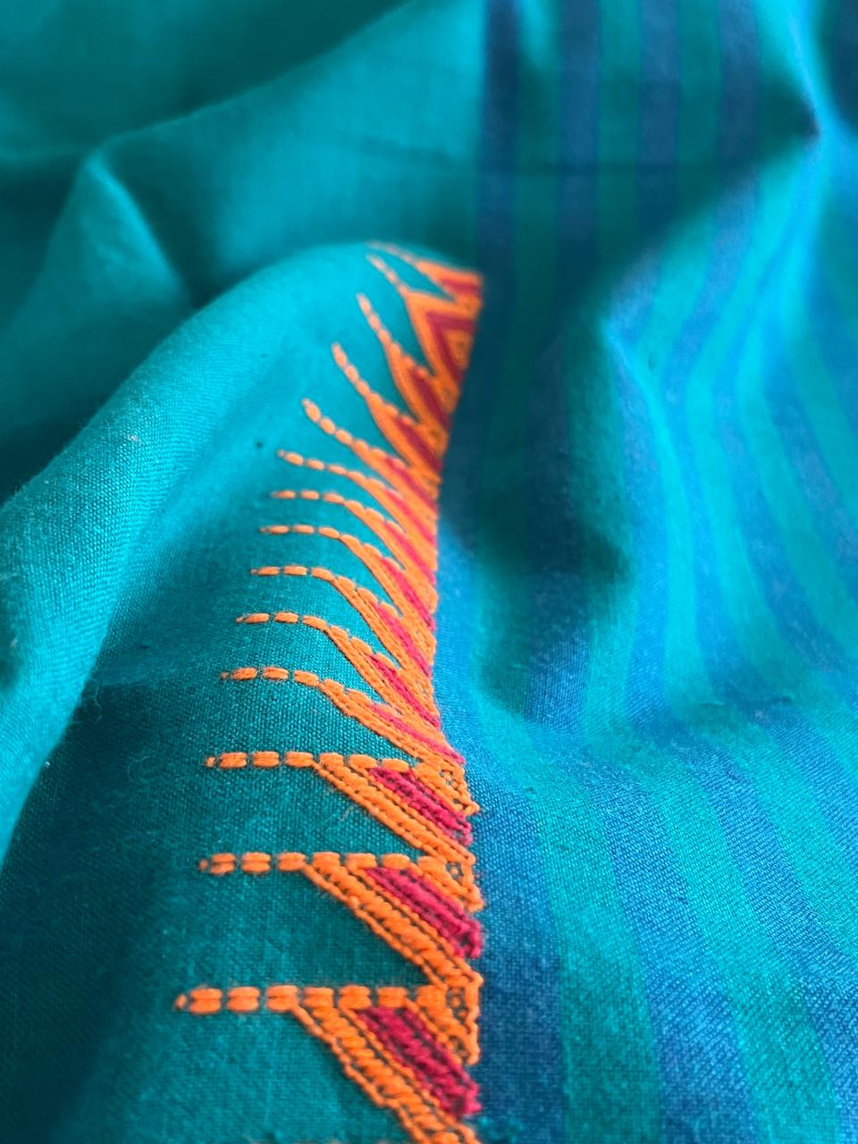 Pure cotton Handwoven Kurta with extra weft weaving - Sea Green