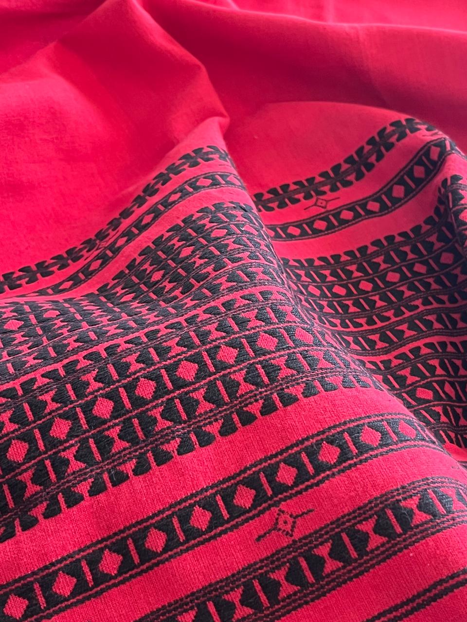 Pure cotton Handwoven Kurta with extra weft weaving - Red