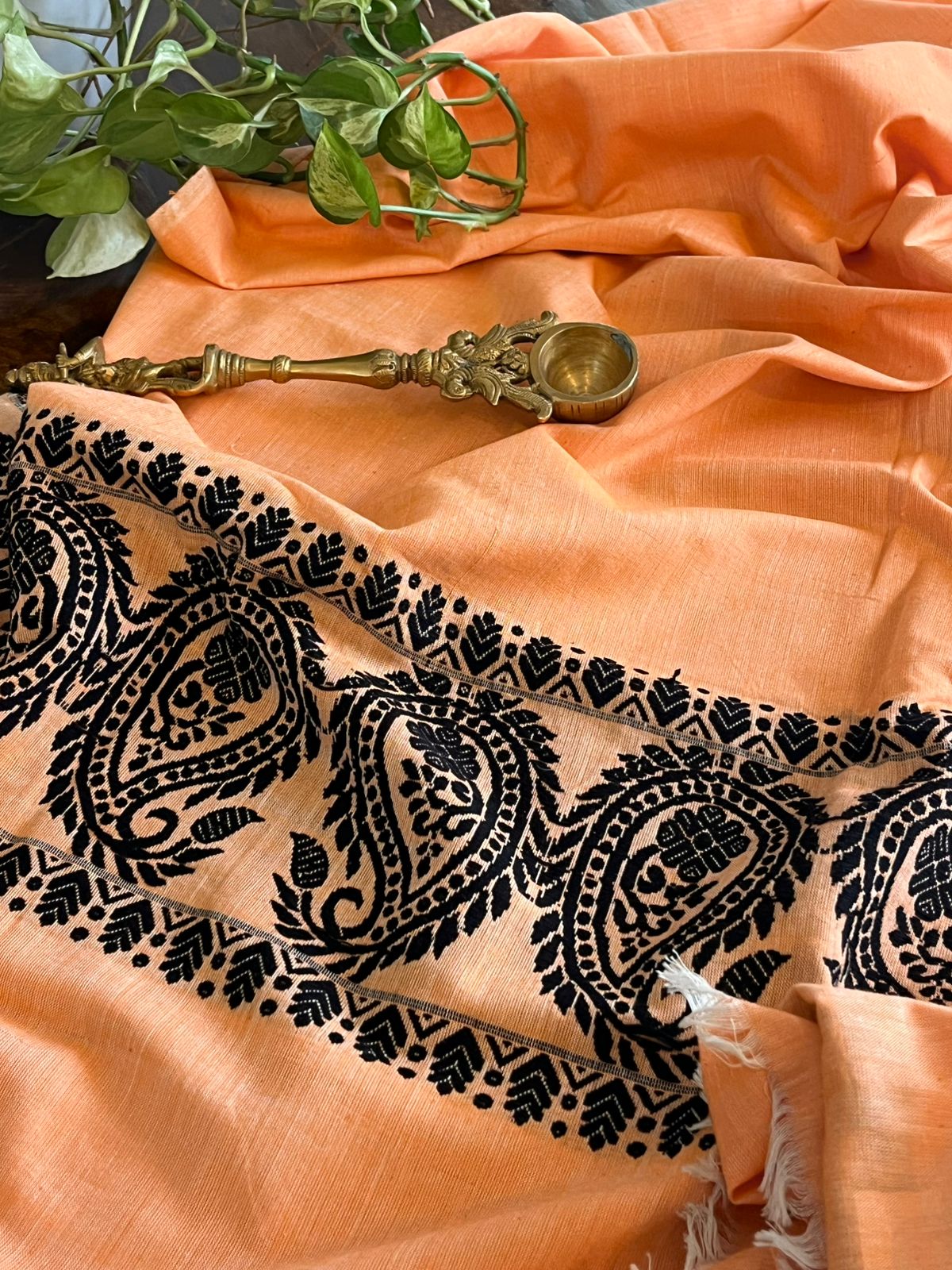 Handwoven Pure Cotton Kurta material from Assam - Orange
