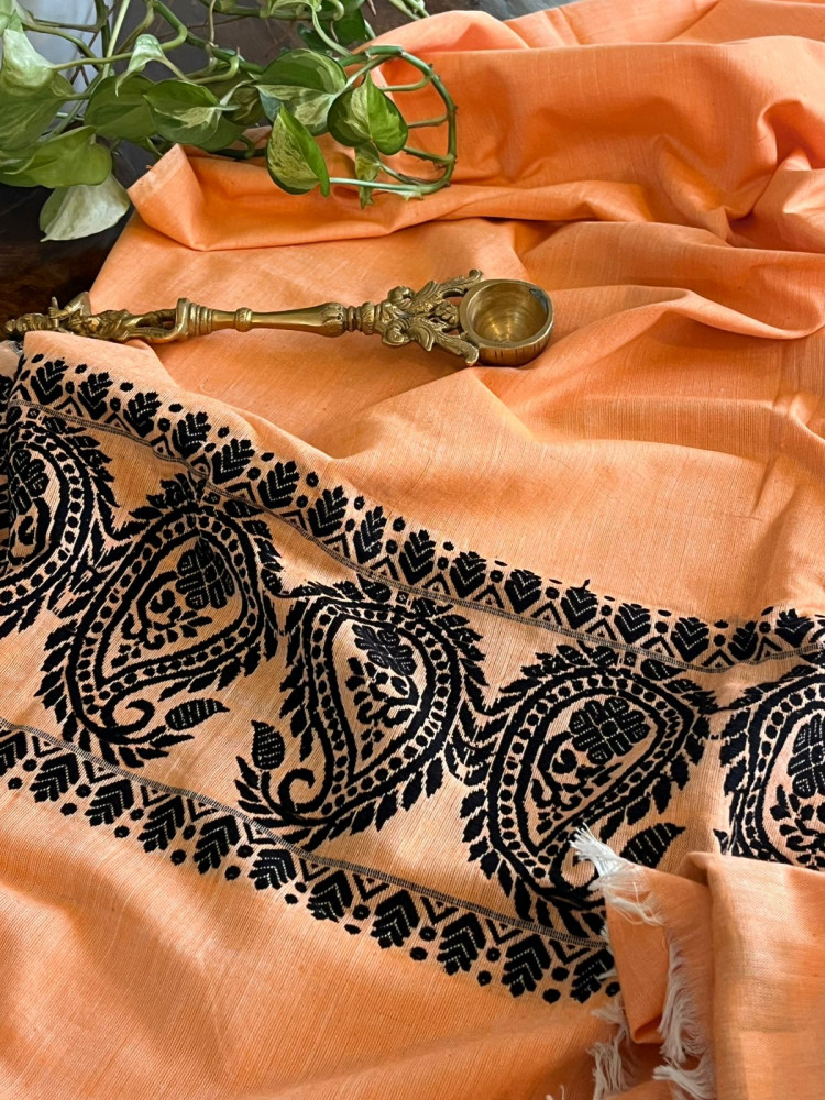 Image of Handwoven Pure Cotton Kurta material from Assam - Orange