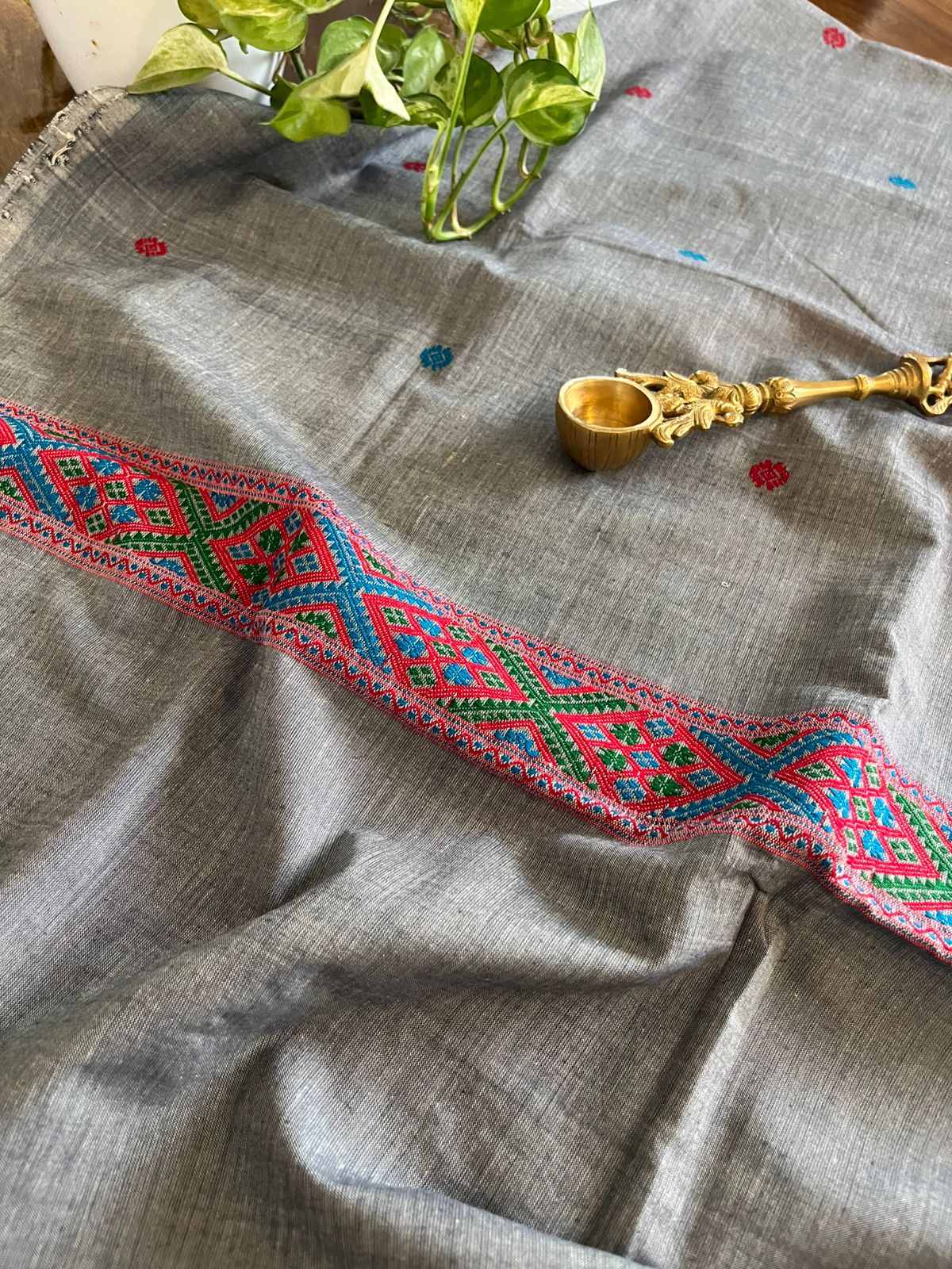 Handwoven Pure Cotton Kurta material from Assam - Grey