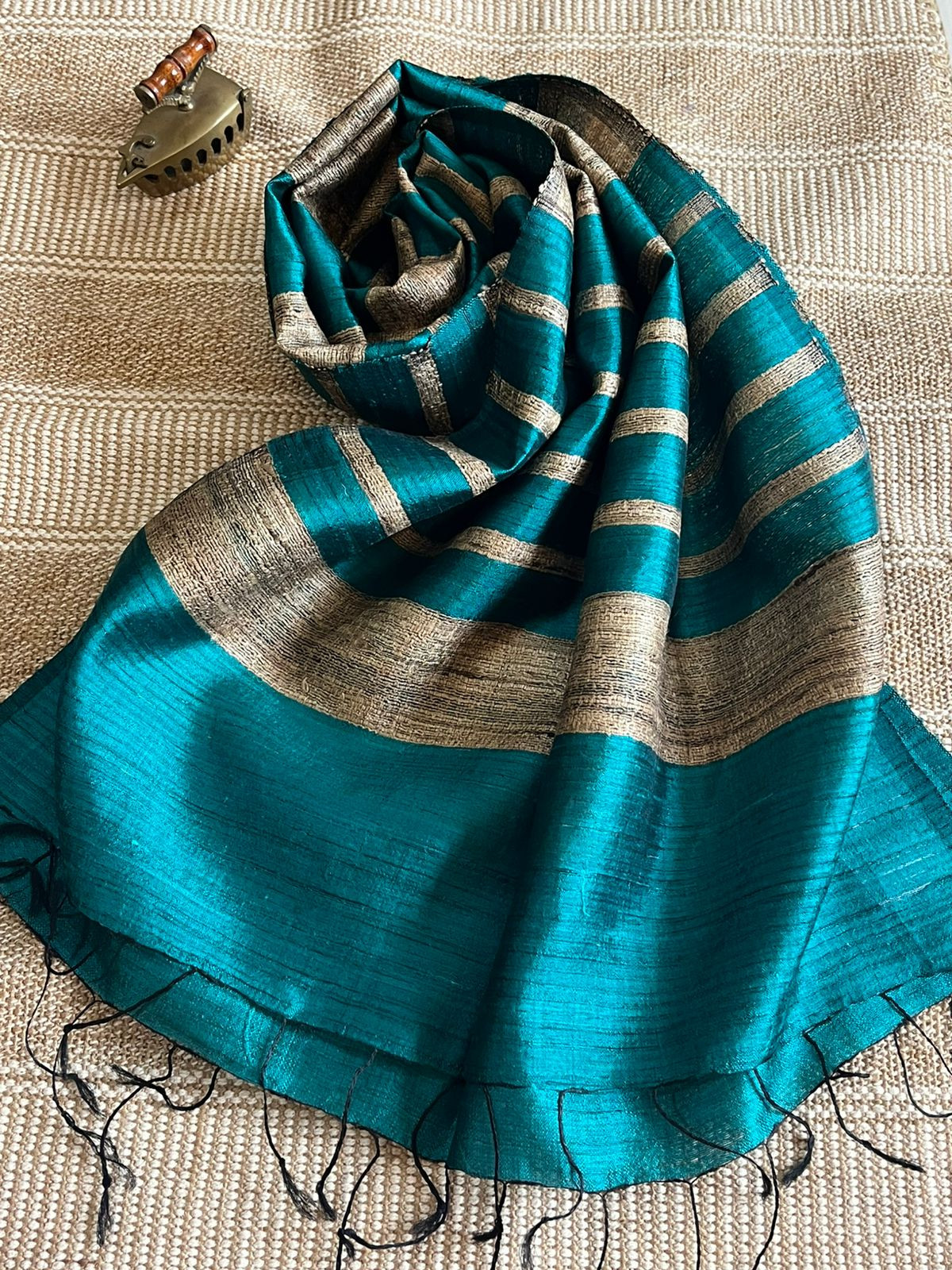 Vibrant pure Raw Silk Stole - striped - Rama Green