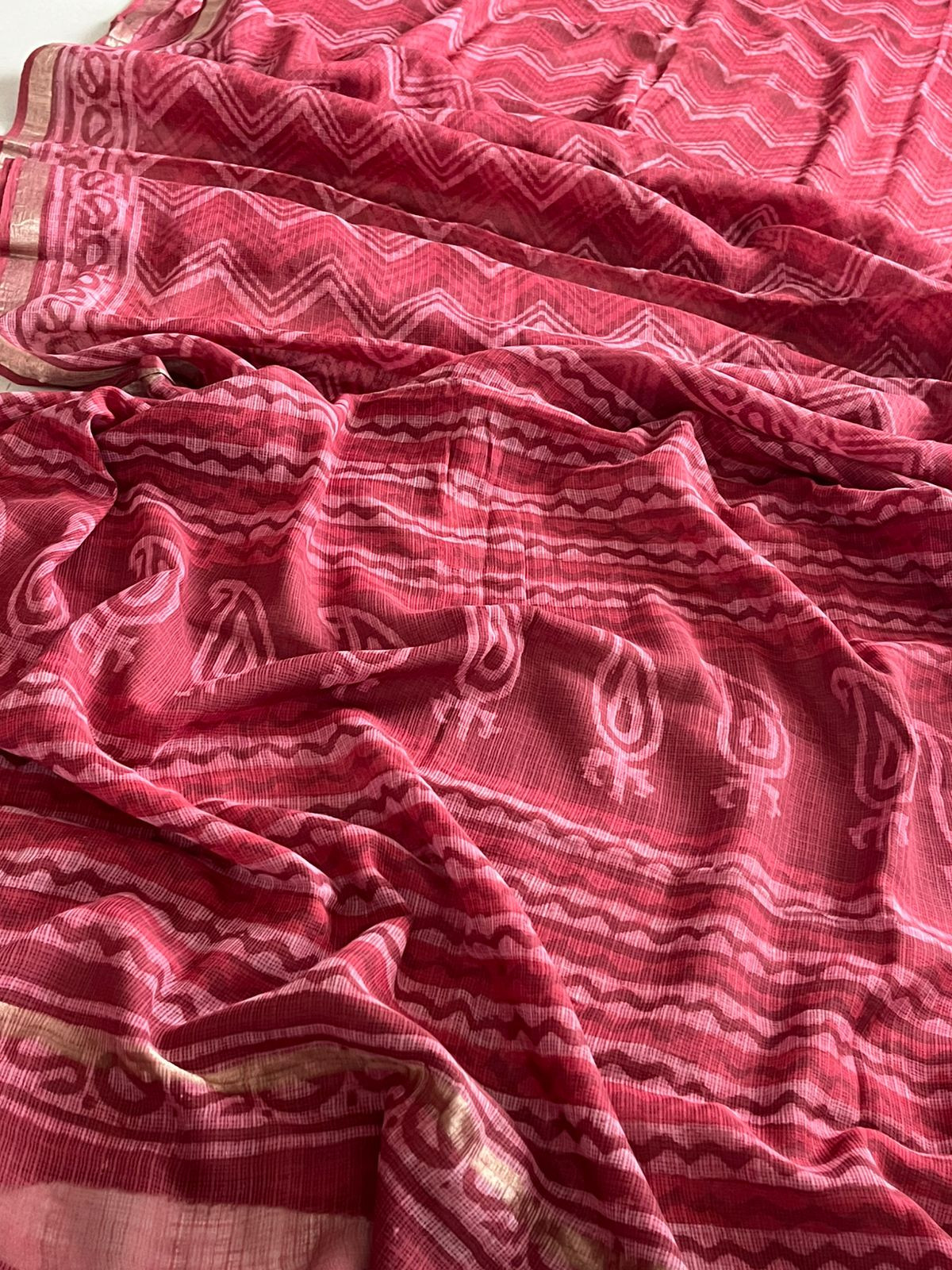 Pure Kota Cotton Dabu Sarees with woven Zari border - Tomato Red