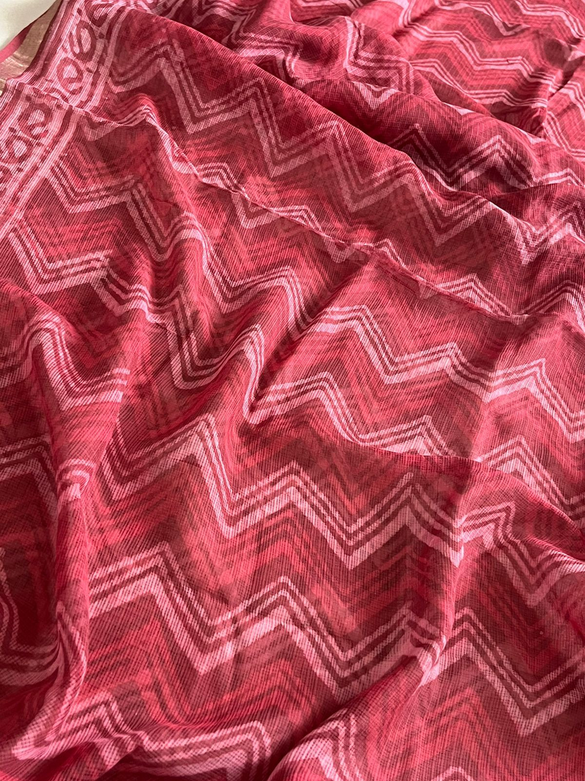 Pure Kota Cotton Dabu Sarees with woven Zari border - Tomato Red