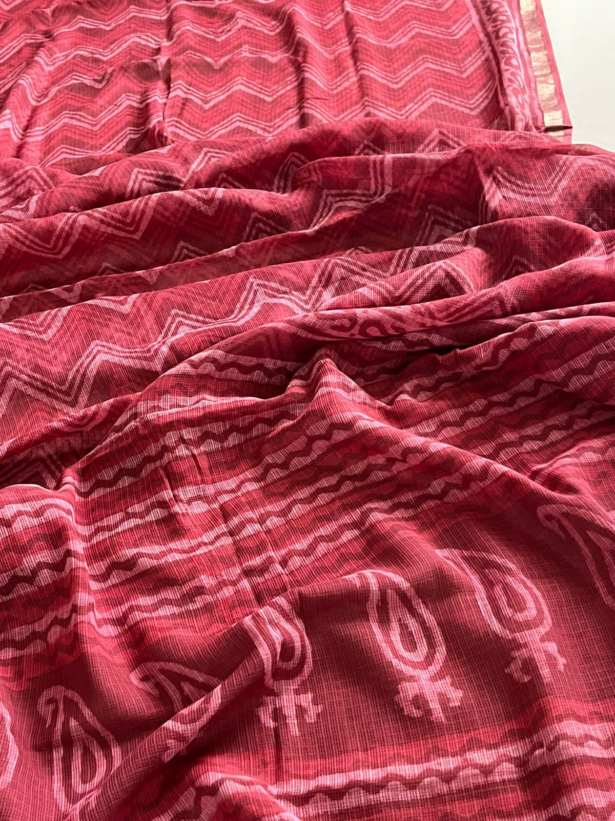 Pure Kota Cotton Dabu Sarees with woven Zari border - Tomato Red