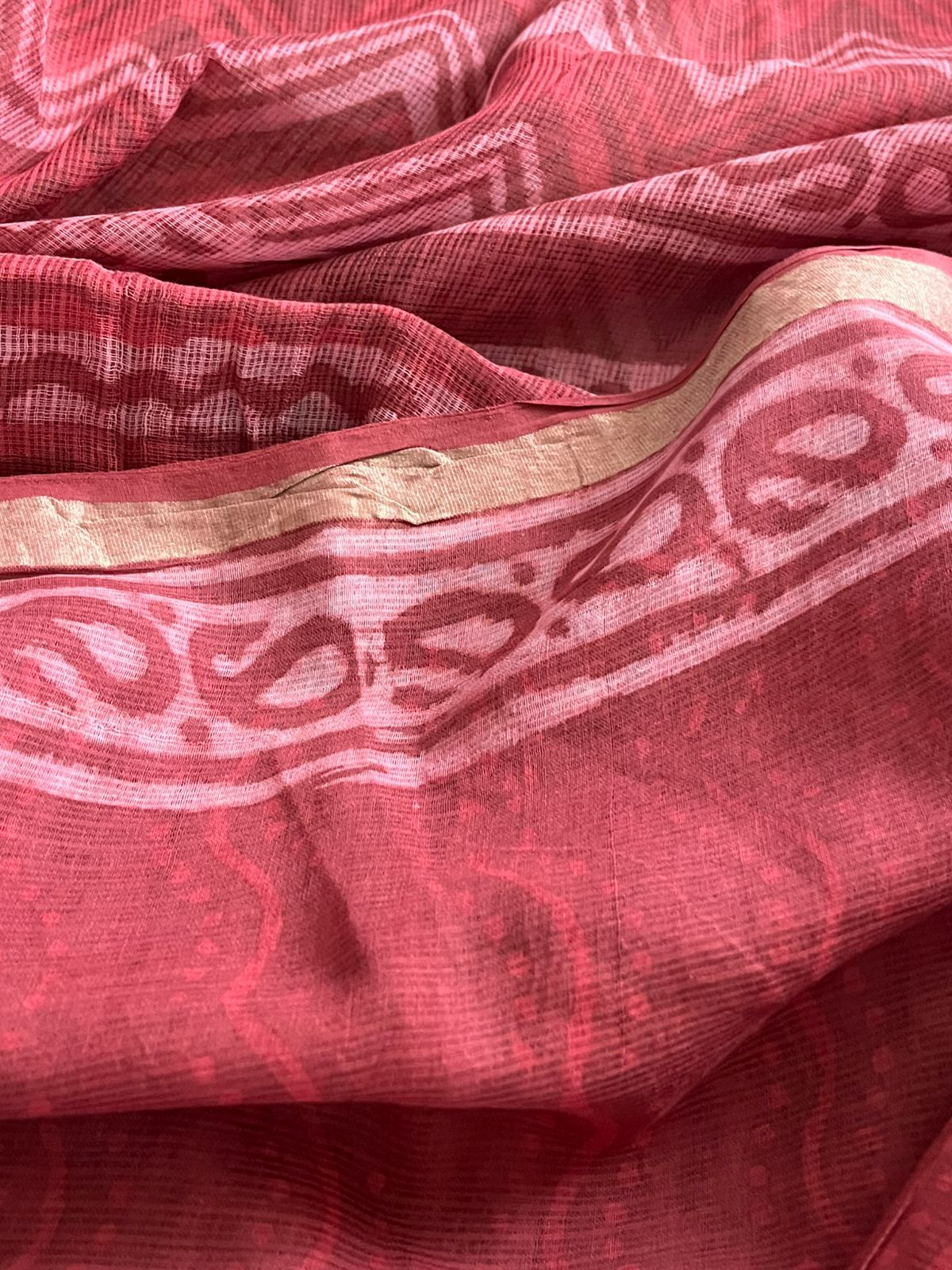 Pure Kota Cotton Dabu Sarees with woven Zari border - Tomato Red