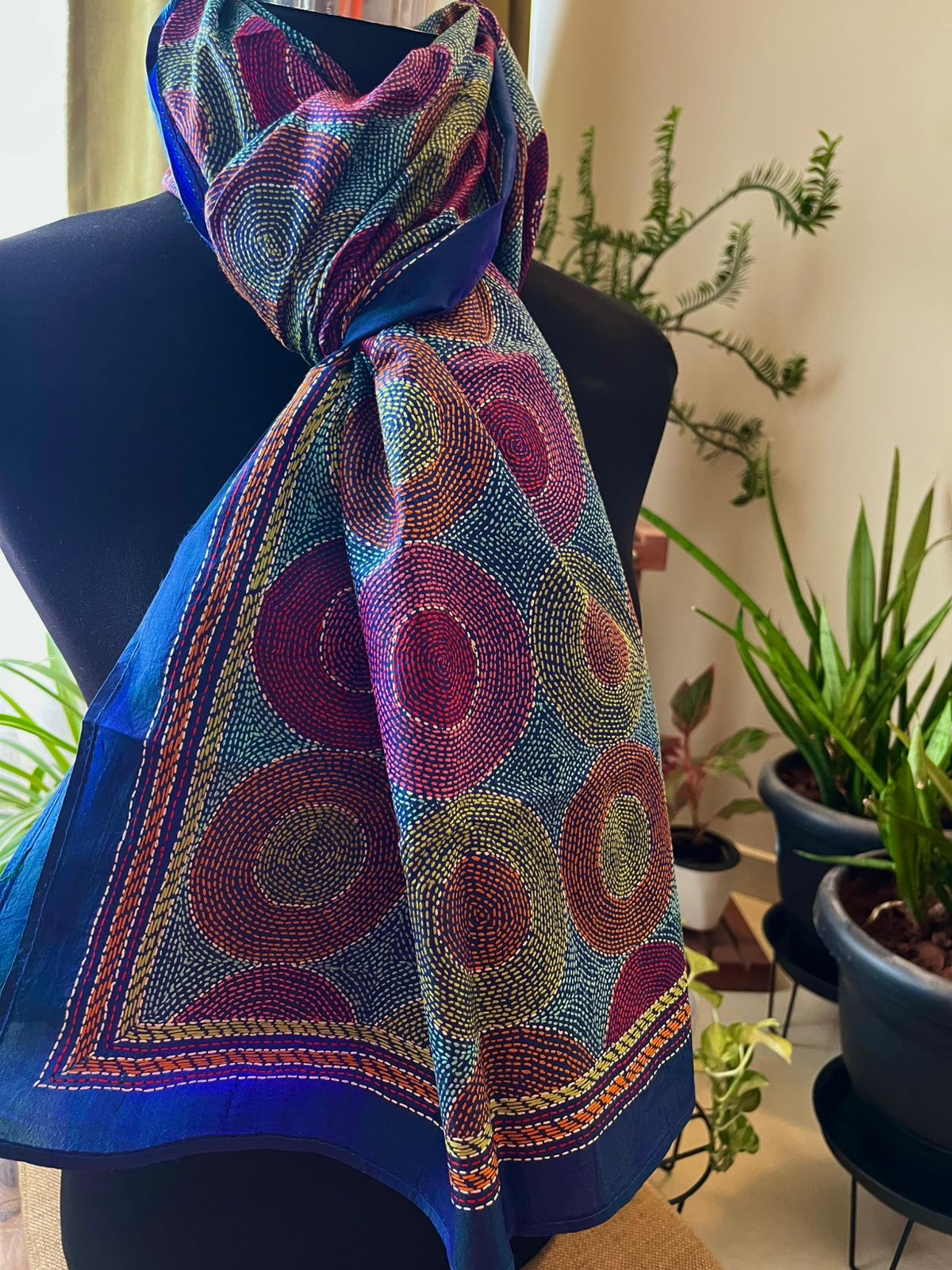 Pure Silk Kantha Hand Embroidered Stole - Iridescent Blue