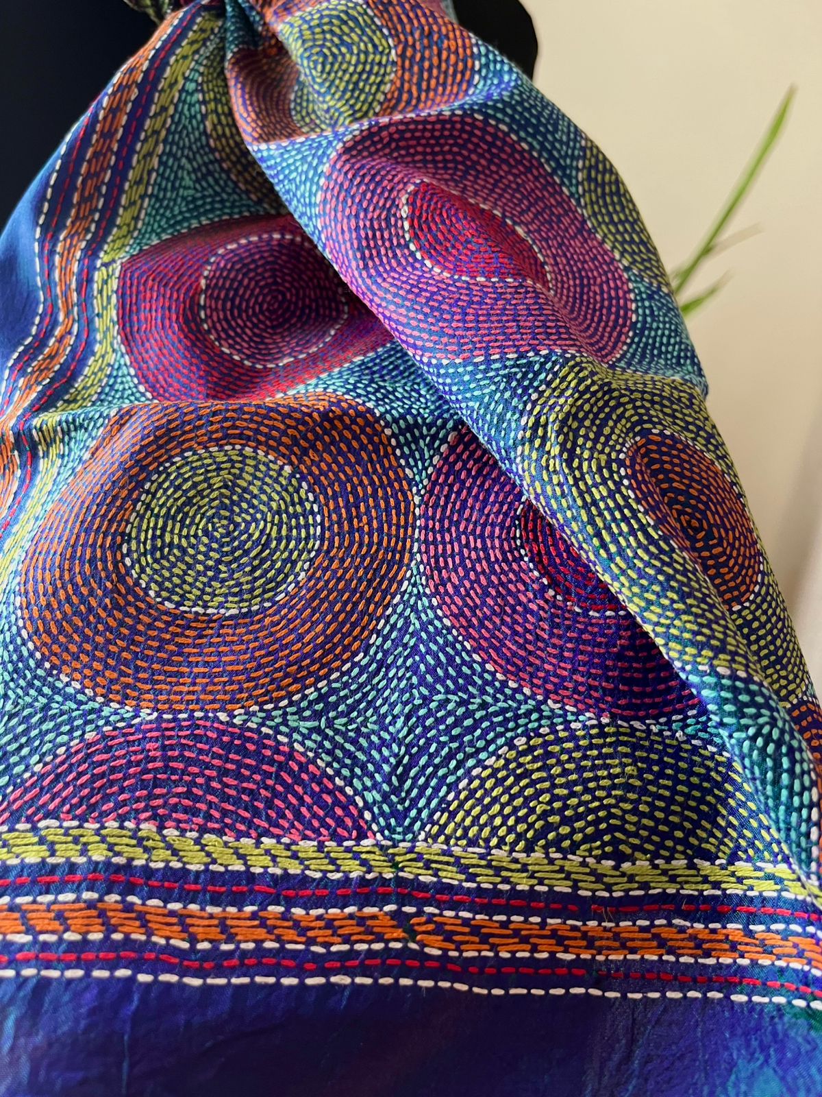 Pure Silk Kantha Hand Embroidered Stole - Iridescent Blue