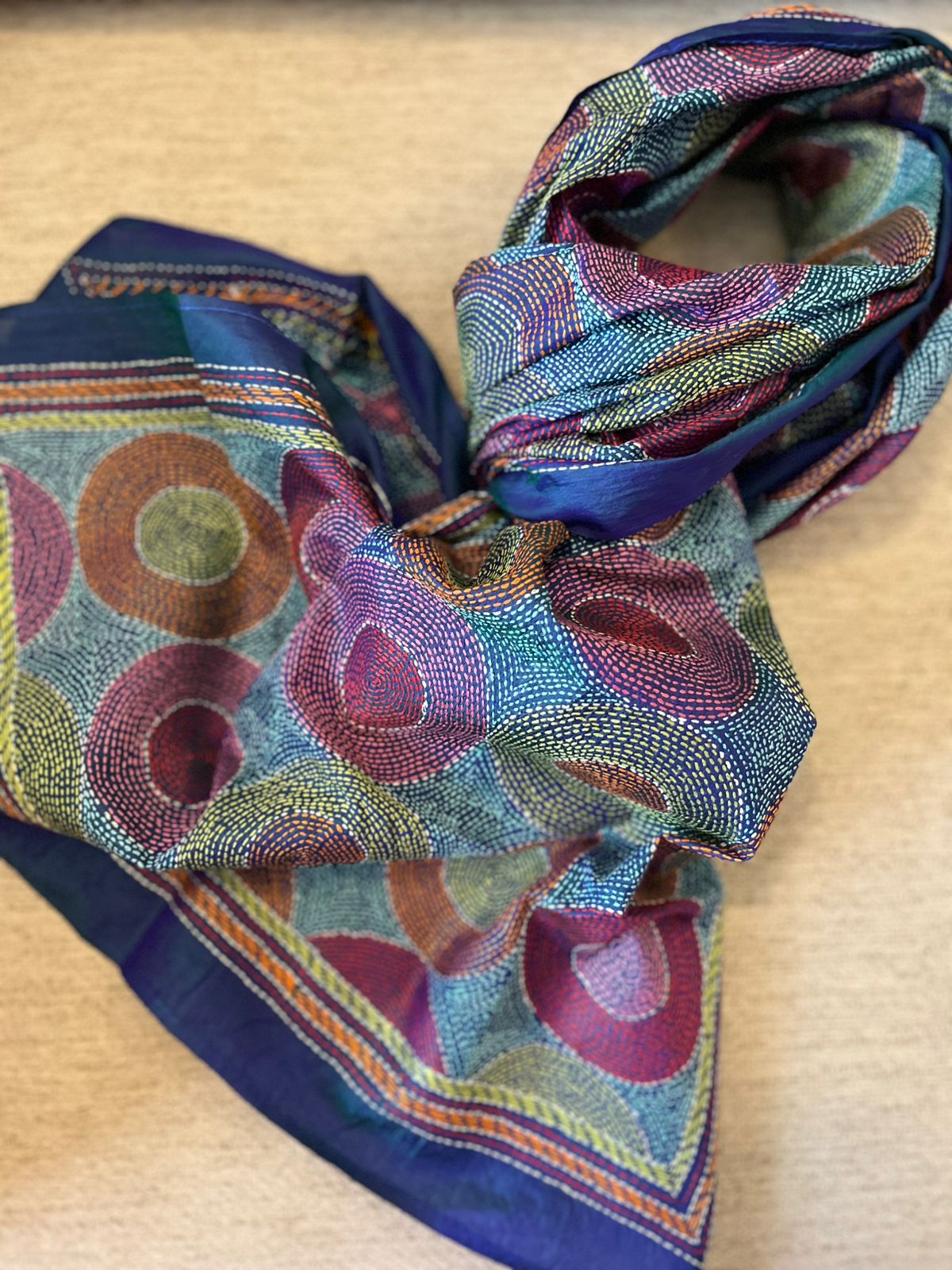 Pure Silk Kantha Hand Embroidered Stole - Iridescent Blue