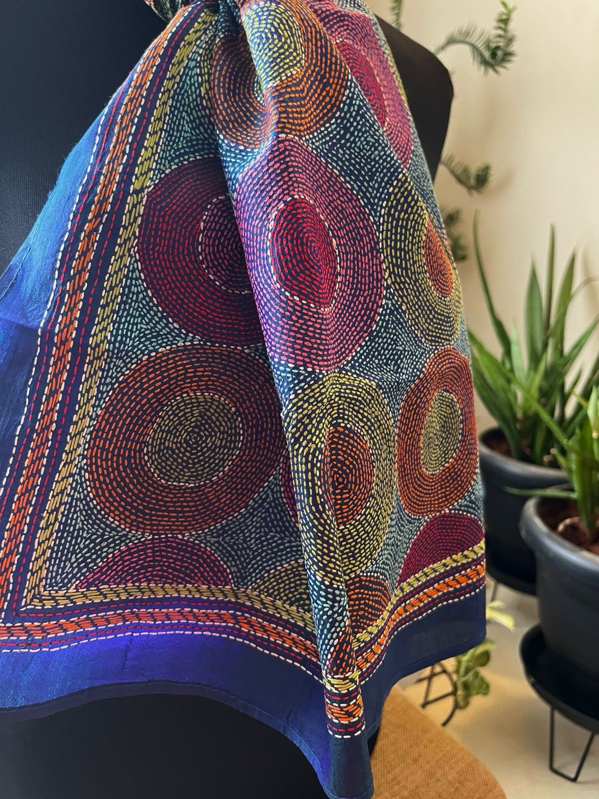 Pure Silk Kantha Hand Embroidered Stole - Iridescent Blue