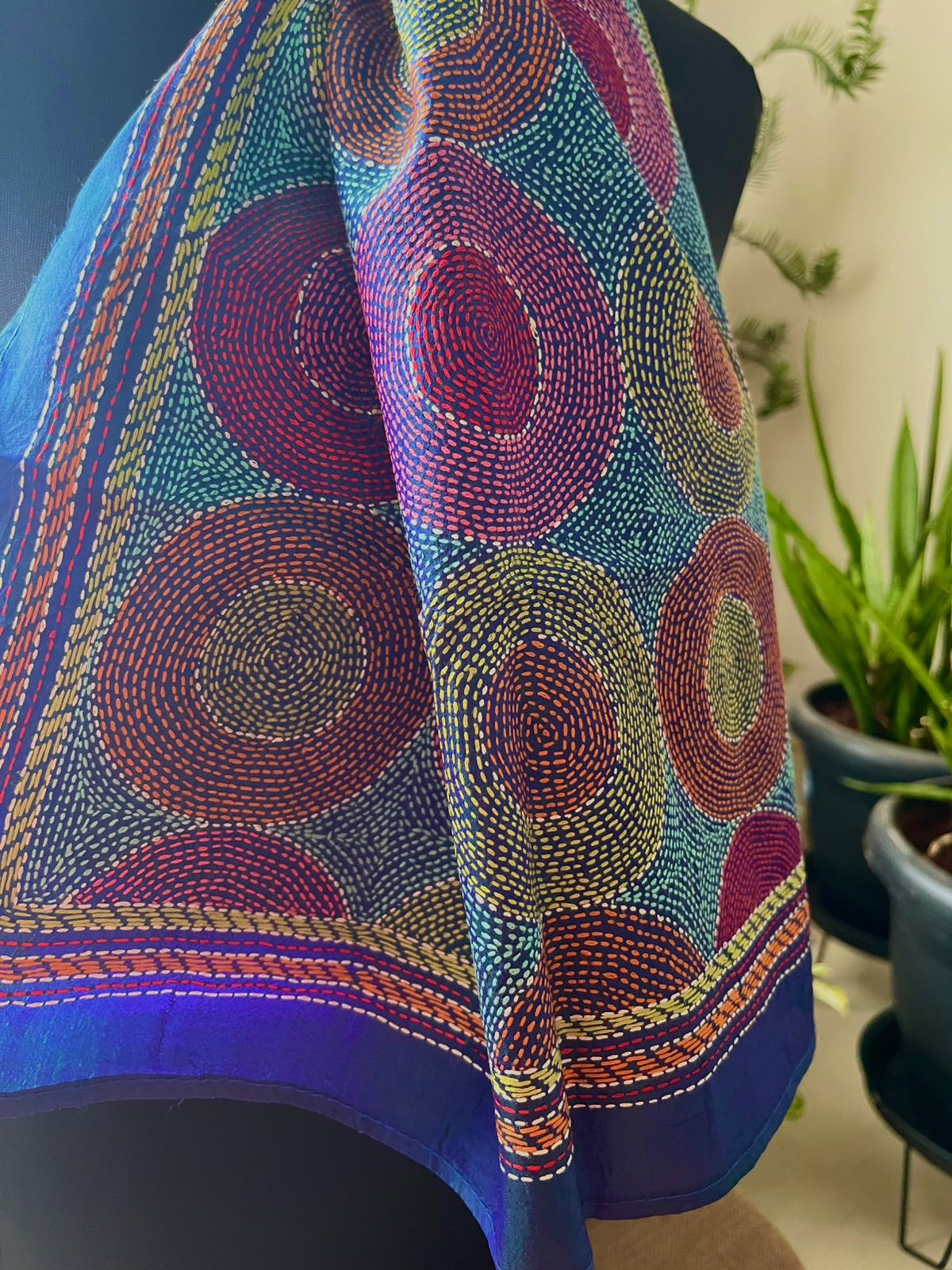 Pure Silk Kantha Hand Embroidered Stole - Iridescent Blue