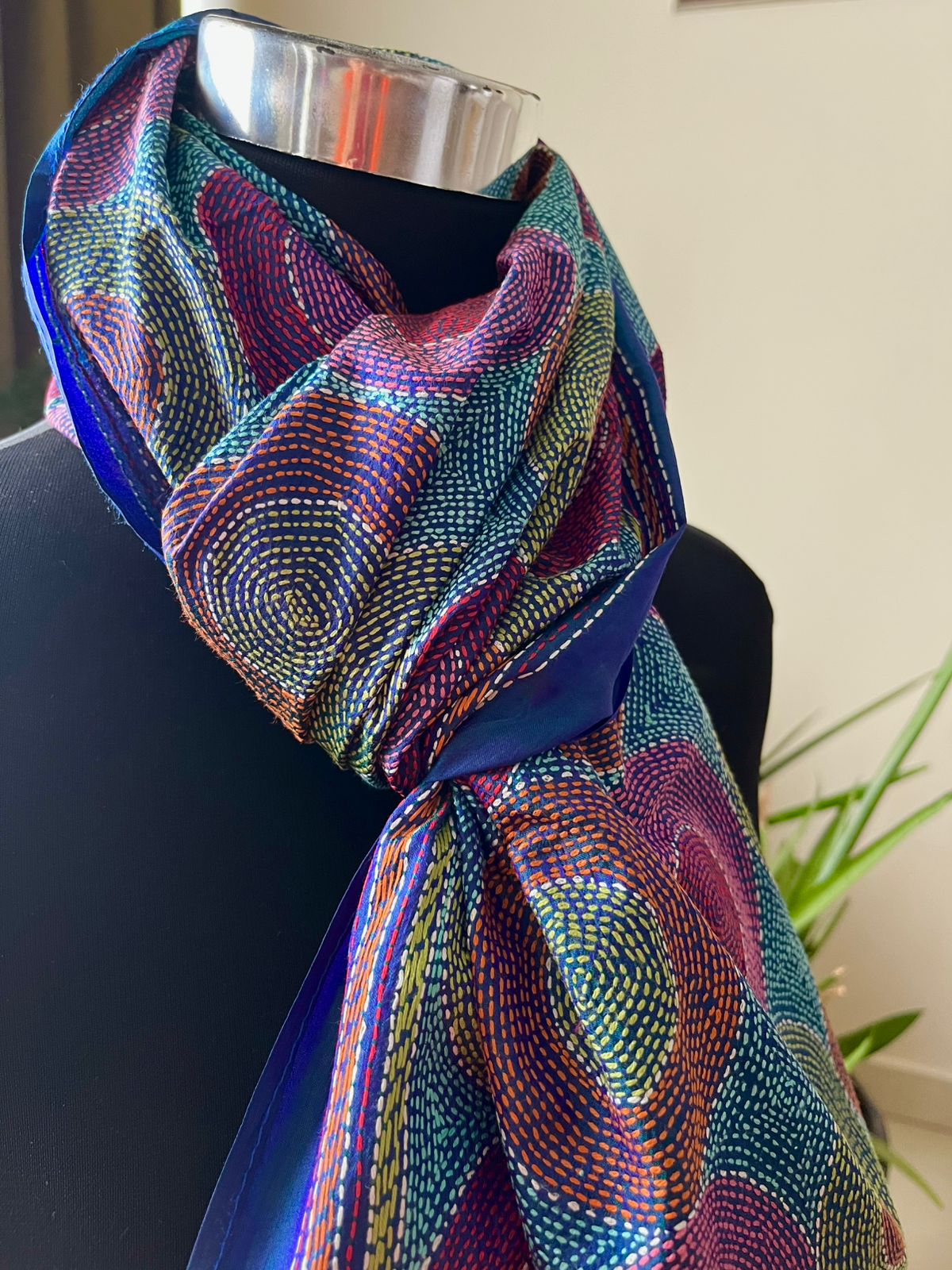 Pure Silk Kantha Hand Embroidered Stole - Iridescent Blue