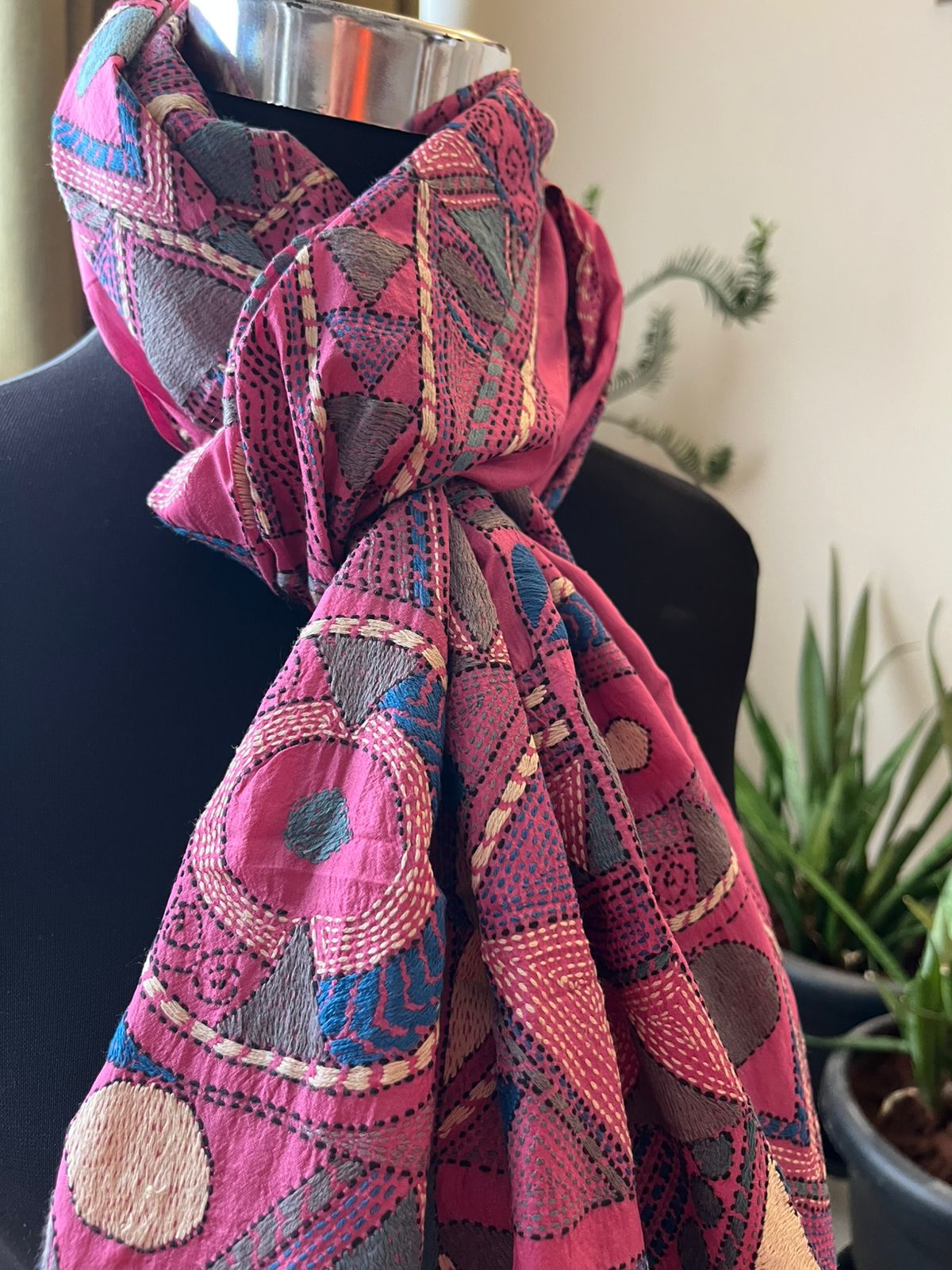 Pure Silk Kantha Hand Embroidered Stole - Vintage Rose