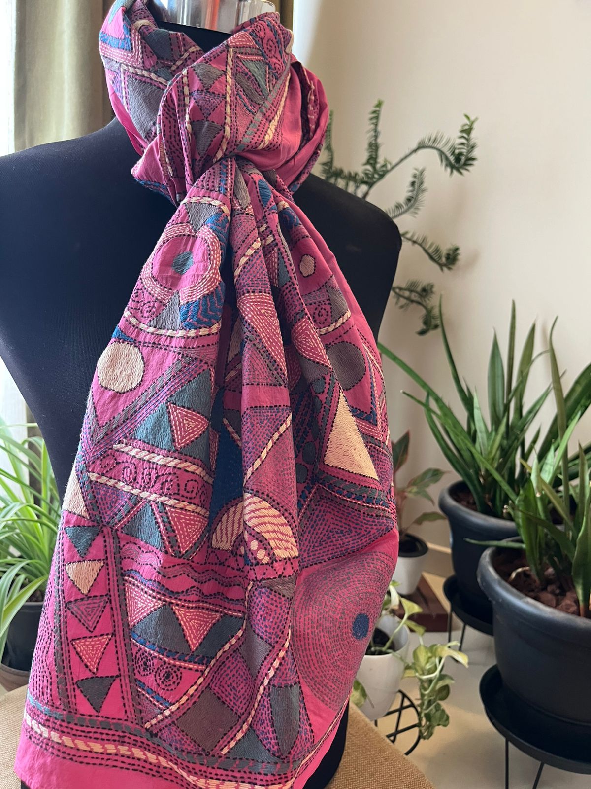 Pure Silk Kantha Hand Embroidered Stole - Vintage Rose