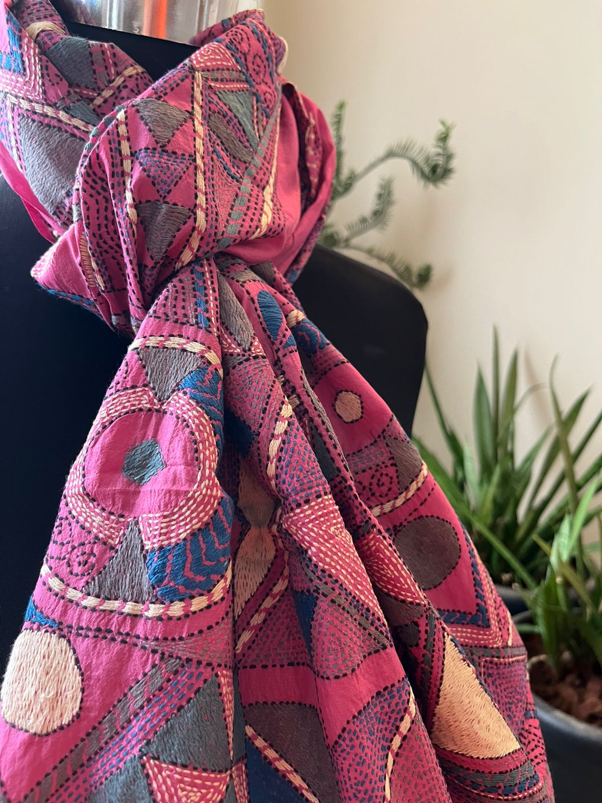 Pure Silk Kantha Hand Embroidered Stole - Vintage Rose