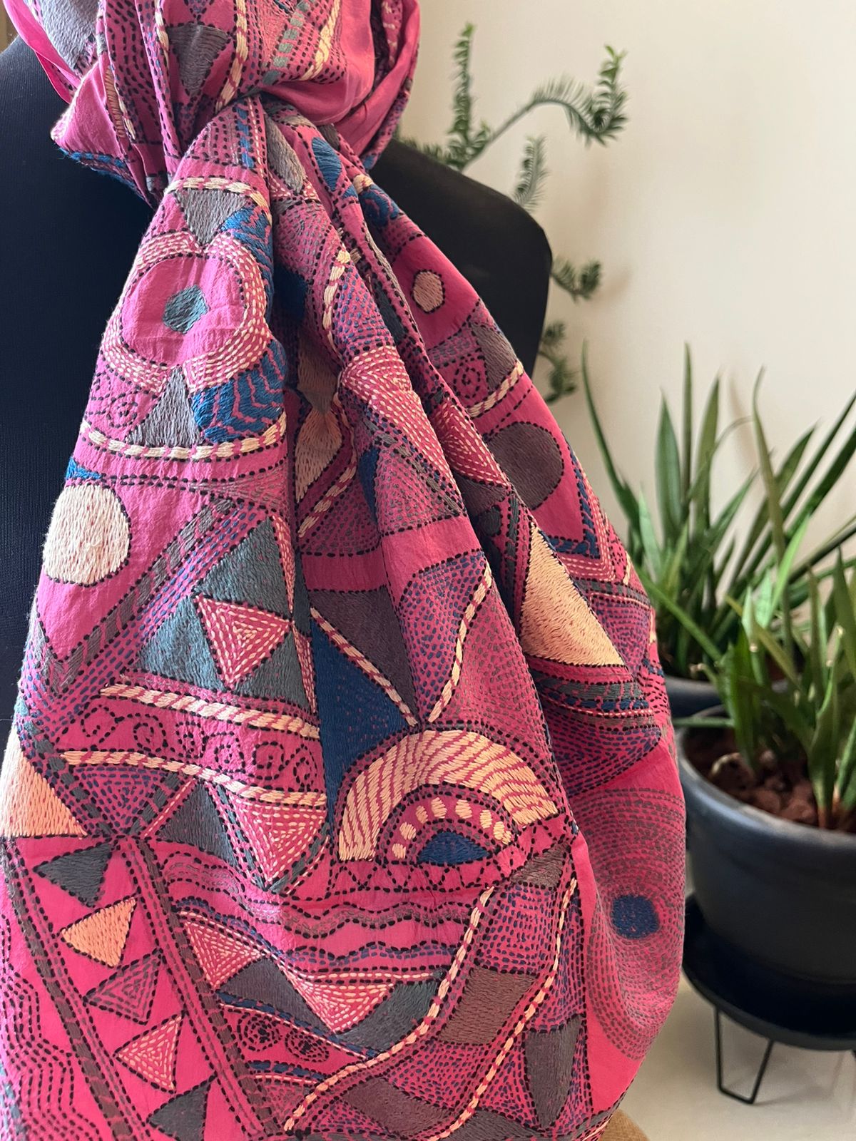 Pure Silk Kantha Hand Embroidered Stole - Vintage Rose