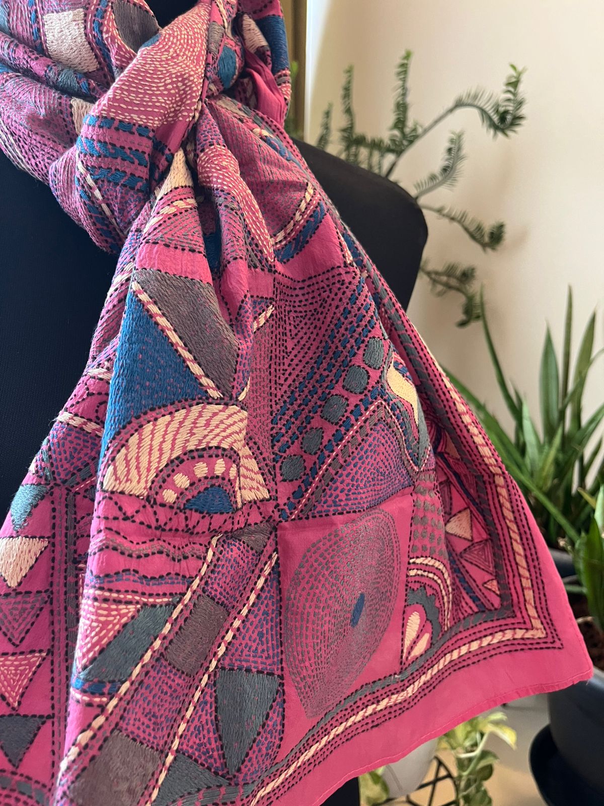 Pure Silk Kantha Hand Embroidered Stole - Vintage Rose