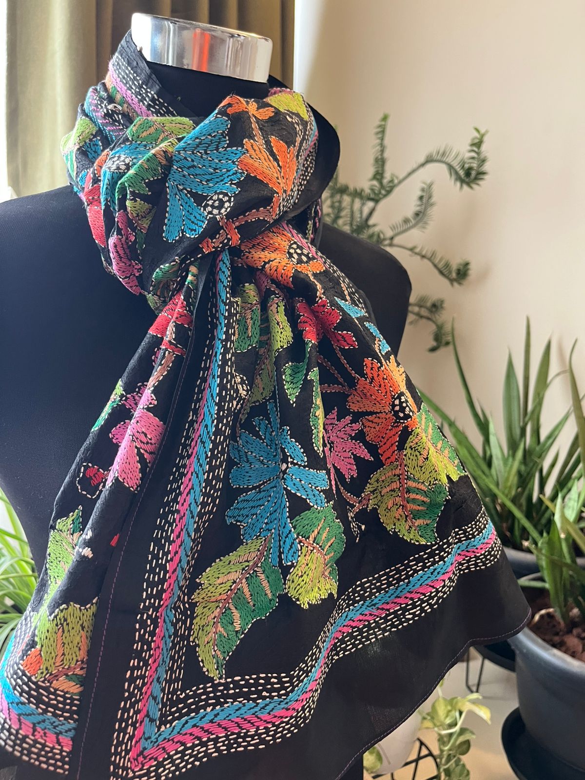 Pure Silk Kantha Hand Embroidered Stole - Floral Black